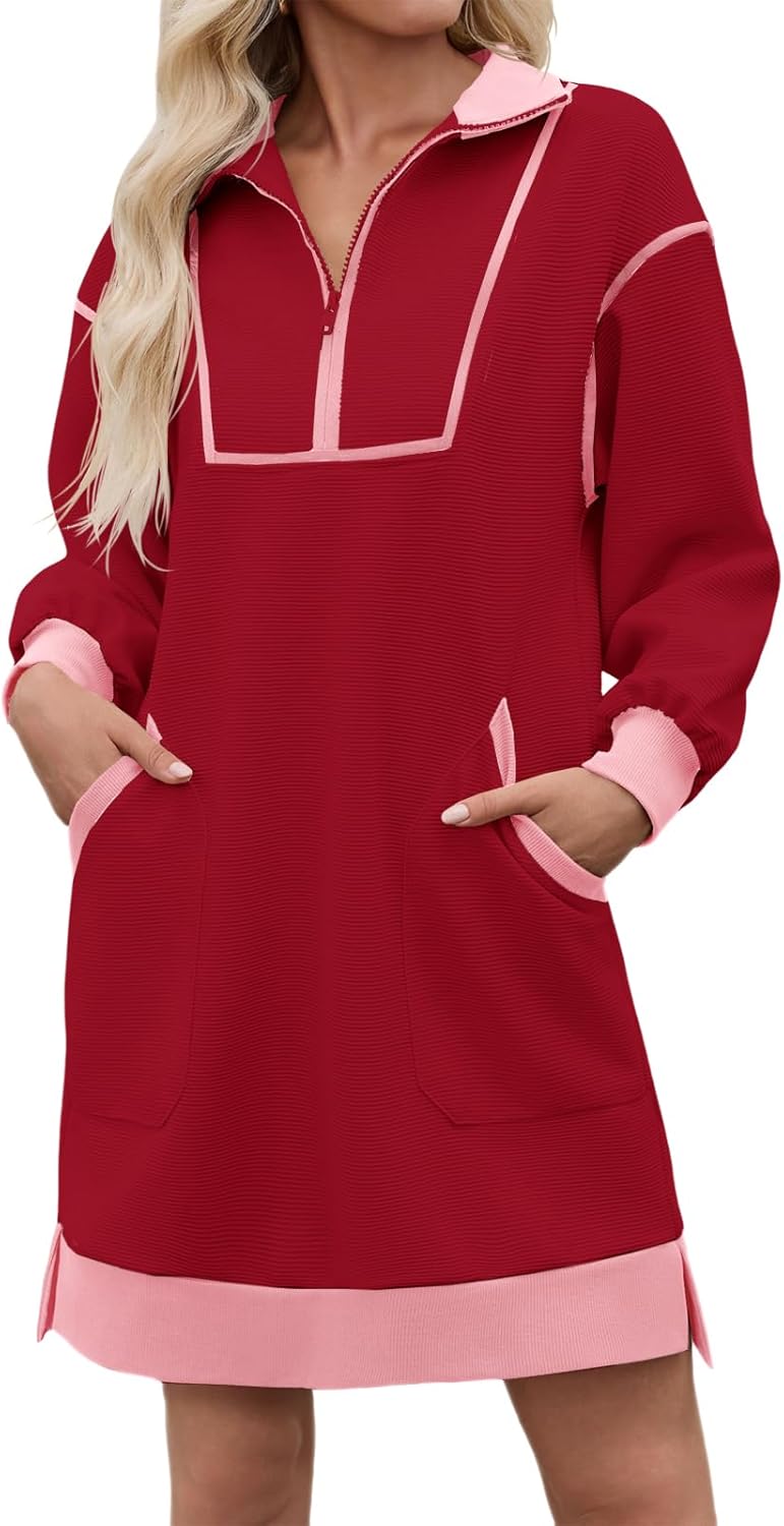 Wenrine Women's Oversized Sweatshirt Dress Half Zip V Neck Long Sleeve Contrast Fall Casual Mini Dresses