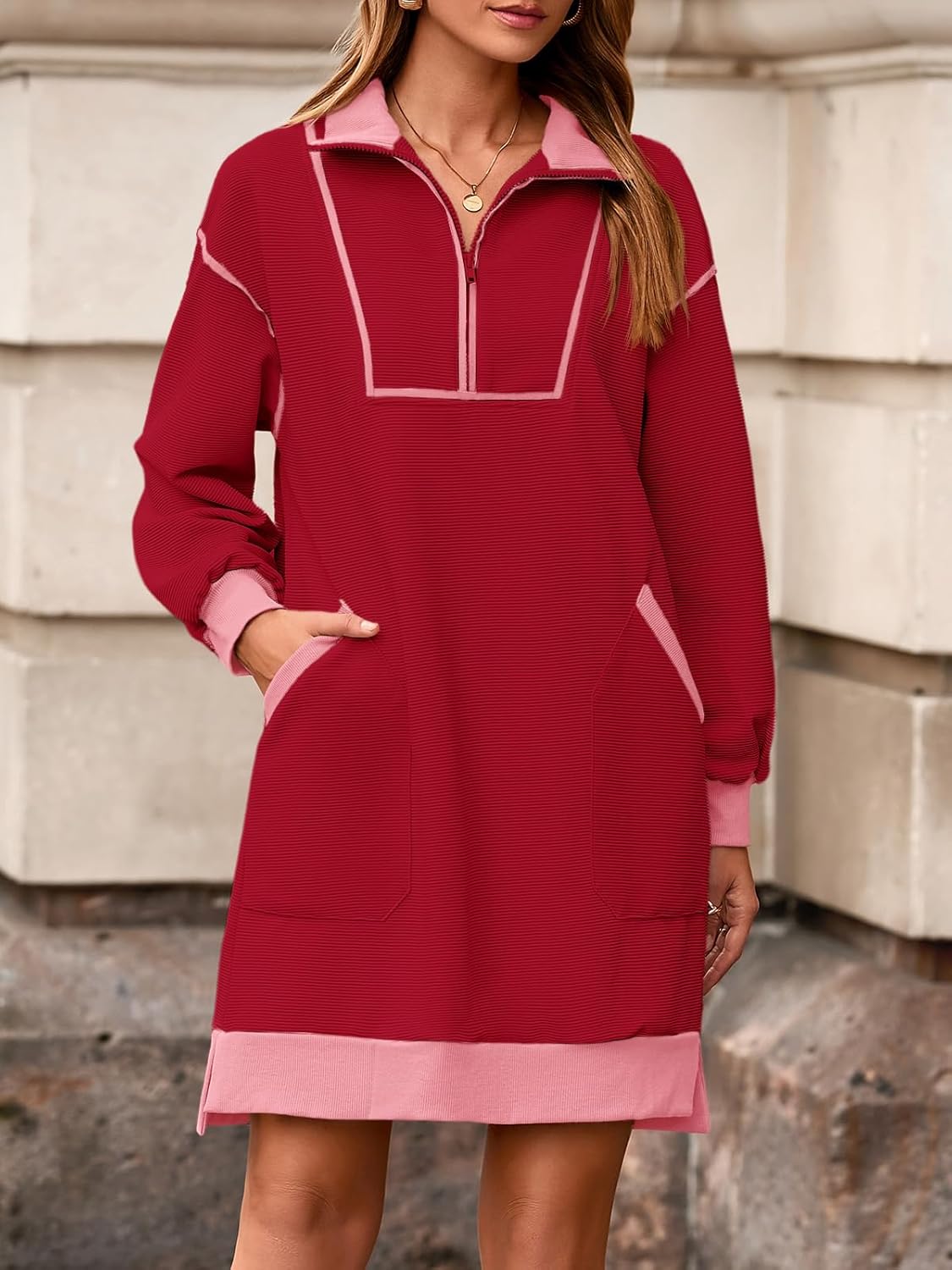 Wenrine Women's Oversized Sweatshirt Dress Half Zip V Neck Long Sleeve Contrast Fall Casual Mini Dresses