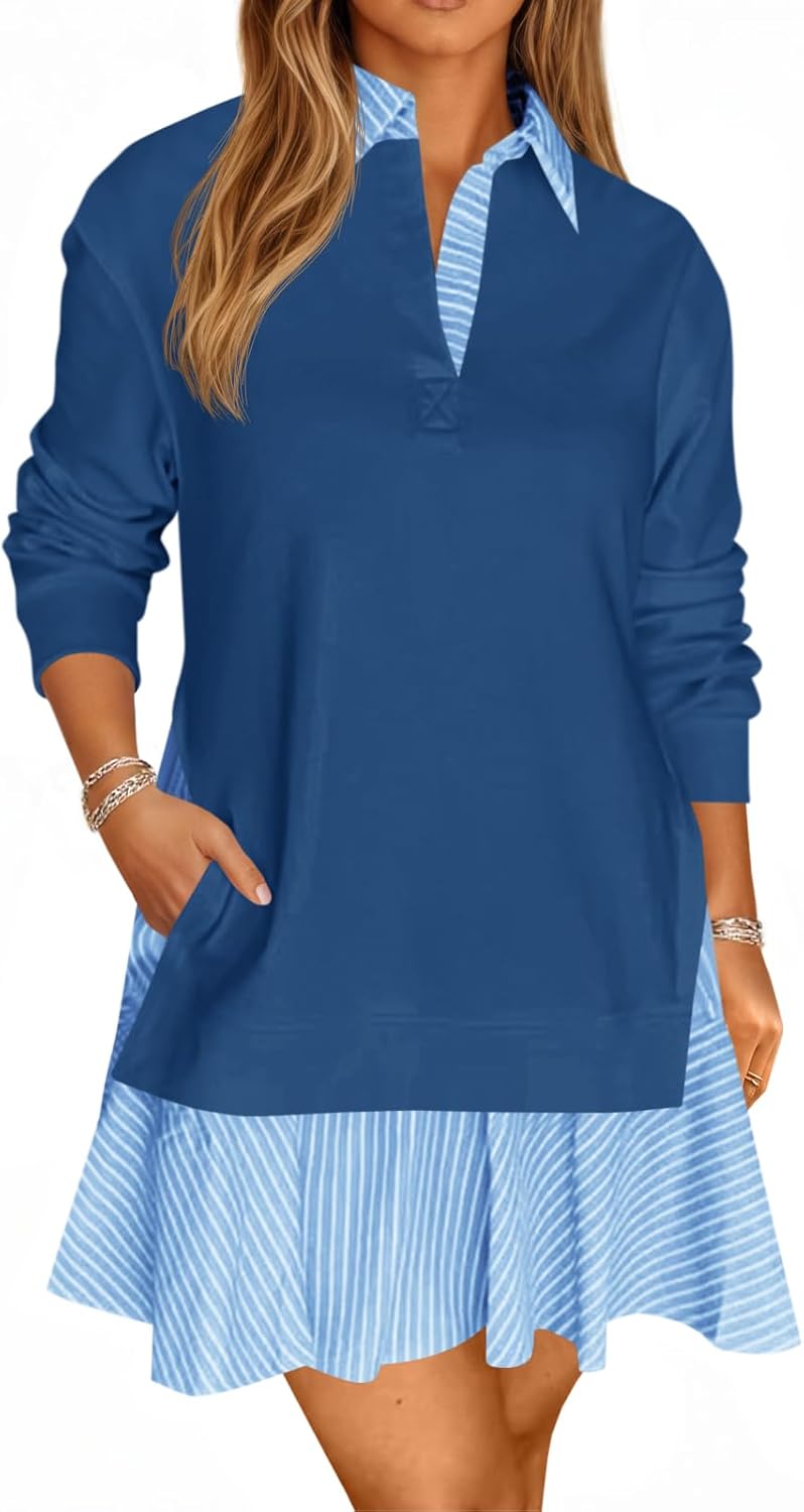 Wenrine Womens Oversized Sweatshirt Dress Casual Long Sleeve Collared V Neck Patchwork Loose Mini Dresses