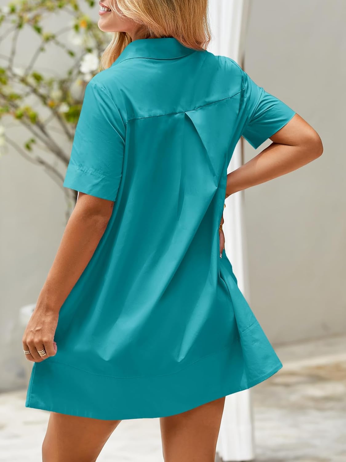 Wenrine Womens Button Down Shirt Dress Oversized Casual Short Sleeve Collared V Neck Summer Mini Dresses