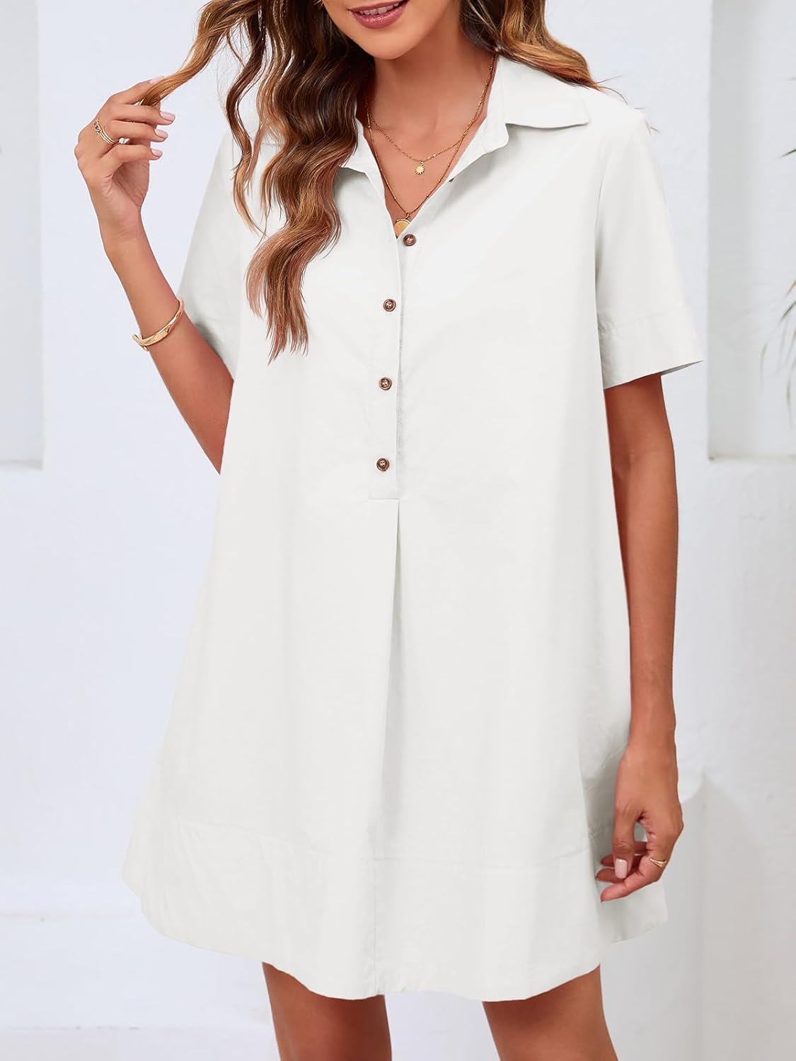 Wenrine Womens Button Down Shirt Dress Oversized Casual Short Sleeve Collared V Neck Summer Mini Dresses