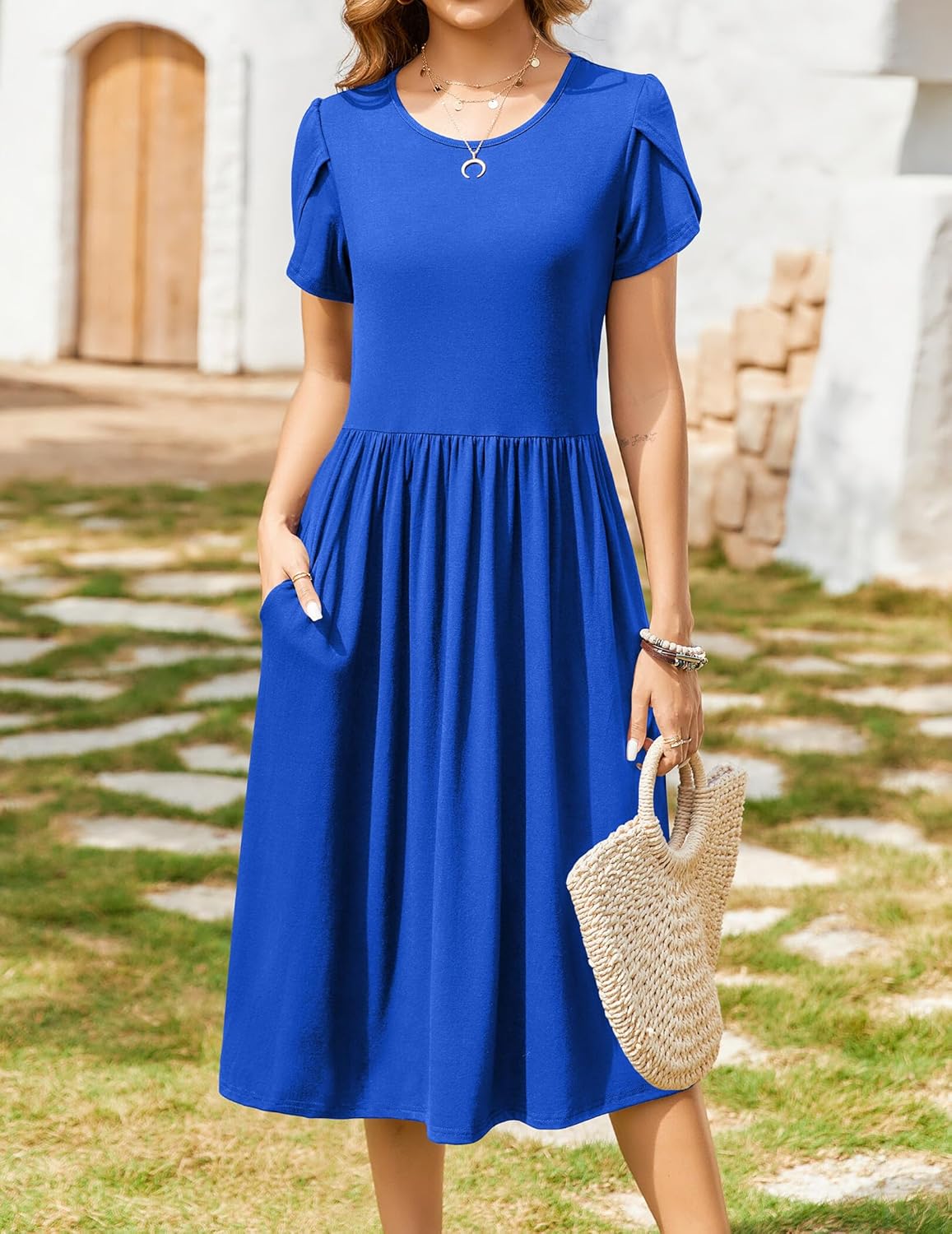 Zeagoo Women Summer Short Sleeve Midi Dress with Pockets Casual Aline Flowy Tshirt Dress Floral Vocation Beach Sundress