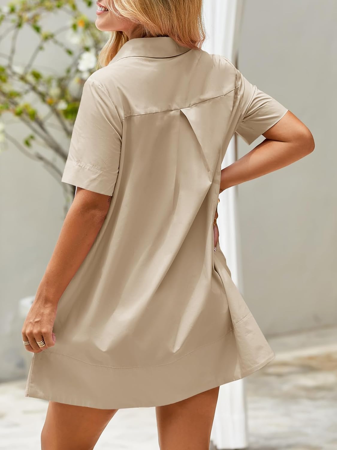 Wenrine Womens Button Down Shirt Dress Oversized Casual Short Sleeve Collared V Neck Summer Mini Dresses