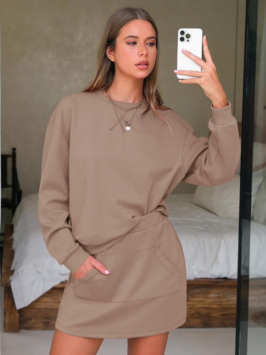 EXLURA Women 2 Piece Sets Cotton Tracksuits Workout Set Crewneck Sweatshirt Skort Short Skirt Fall Tennis Sweat Suits Pockets