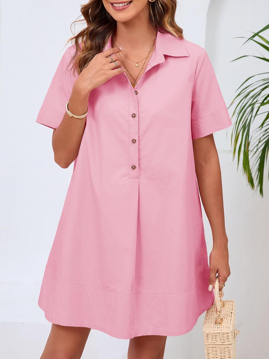 Wenrine Womens Button Down Shirt Dress Oversized Casual Short Sleeve Collared V Neck Summer Mini Dresses