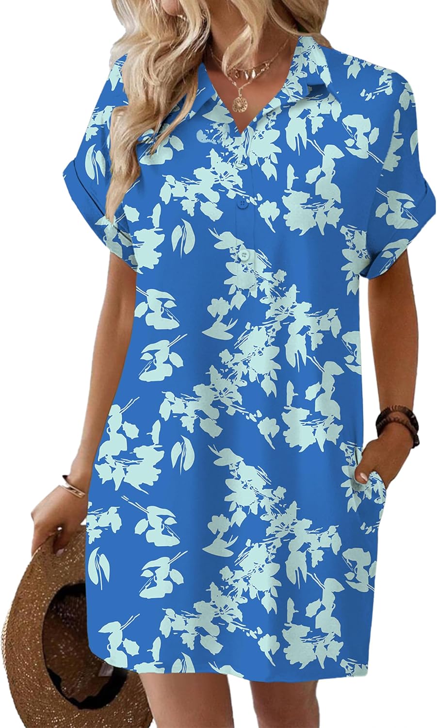 HOTOUCH Womens Summer Shirt Dress Short Sleeve Floral Shift Dress Casual Loose Flowy Beach Sundress with Pockets