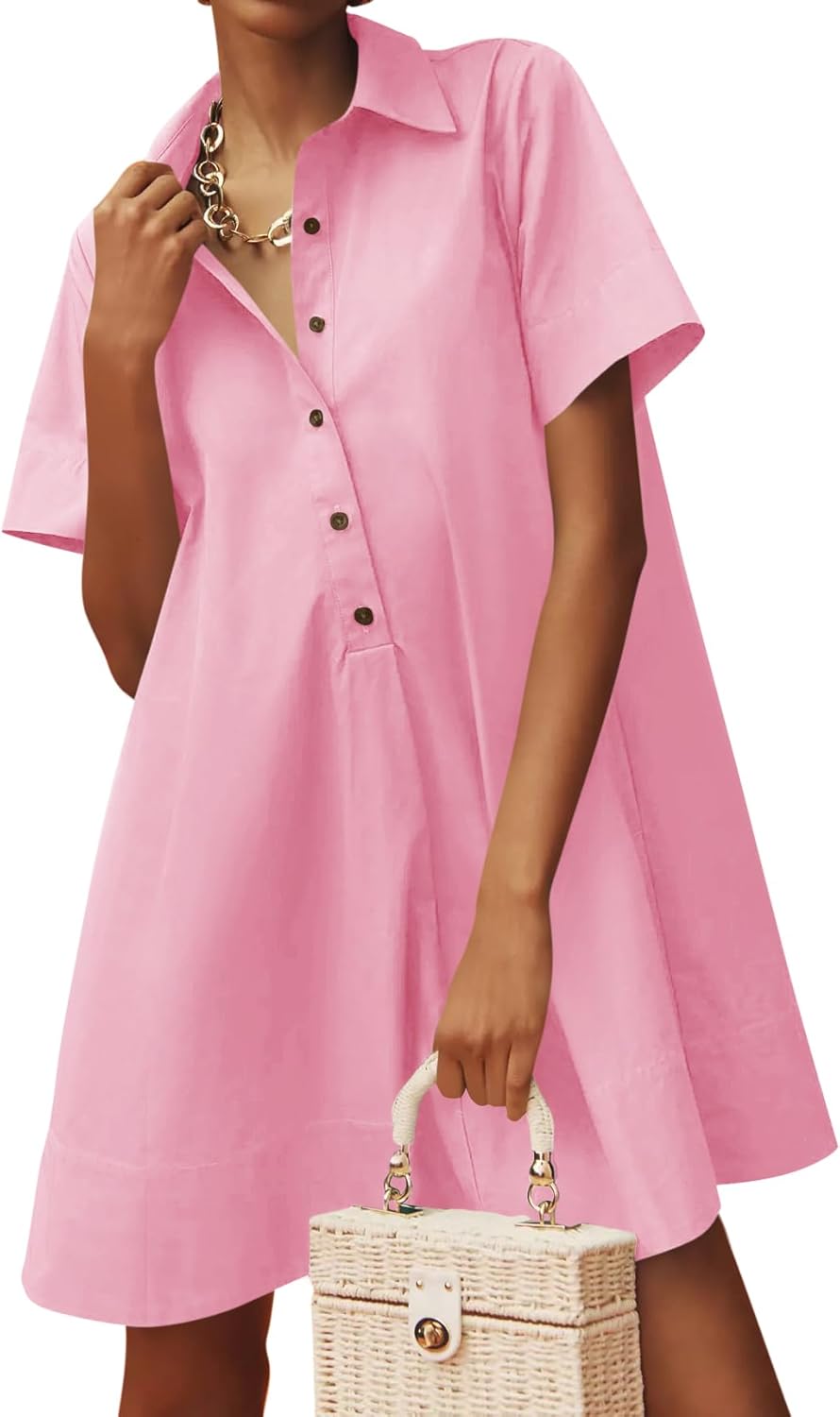 Wenrine Womens Button Down Shirt Dress Oversized Casual Short Sleeve Collared V Neck Summer Mini Dresses