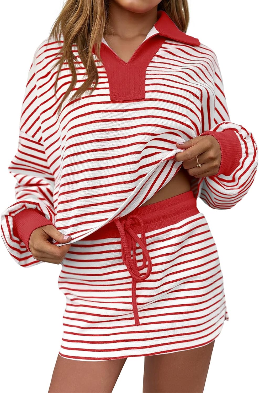 Fisoew Womens Striped 2 Piece Outfits Casual Sweatshirt Skirt Set Long Sleeve Skort Workout Set Matching Lounge Sets