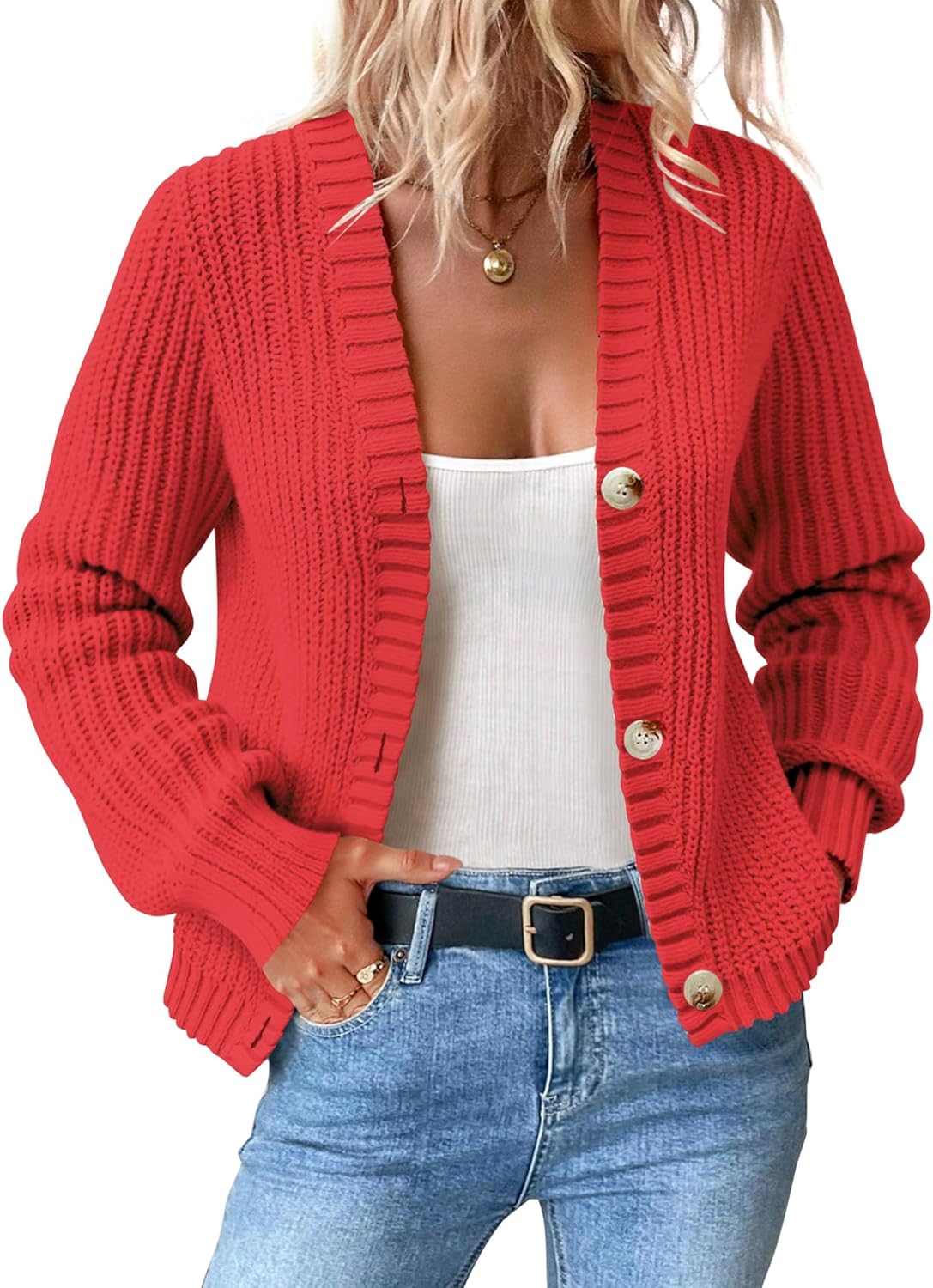Women’s Chunky Knit Cardigan – Waffle Knit Button Down Oversized V Neck Fall Sweater for Casual Layering