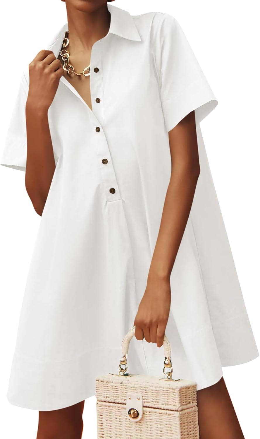 Wenrine Womens Button Down Shirt Dress Oversized Casual Short Sleeve Collared V Neck Summer Mini Dresses