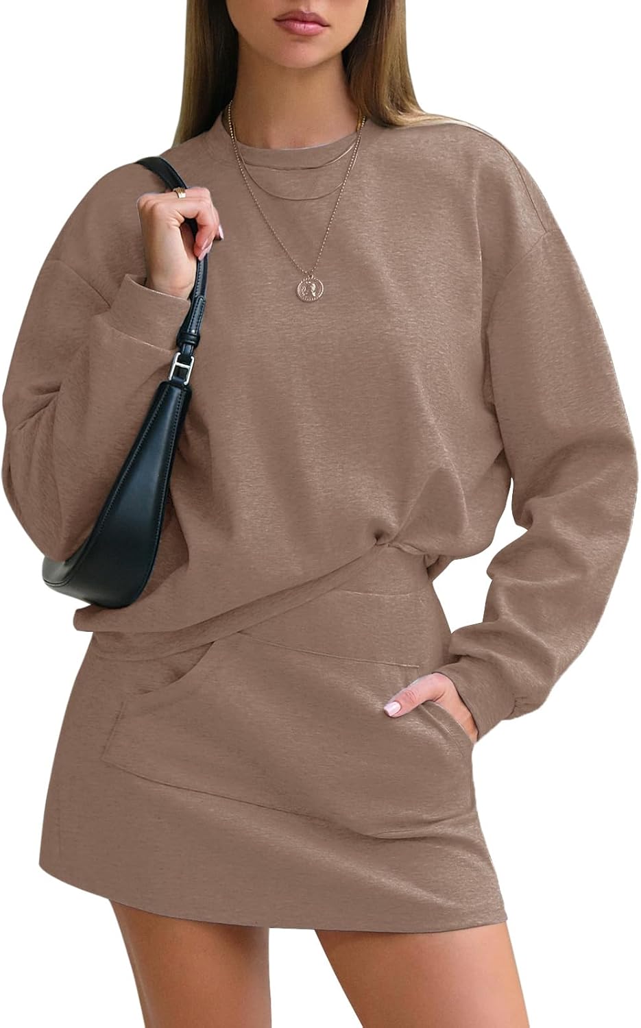 EXLURA Women 2 Piece Sets Cotton Tracksuits Workout Set Crewneck Sweatshirt Skort Short Skirt Fall Tennis Sweat Suits Pockets