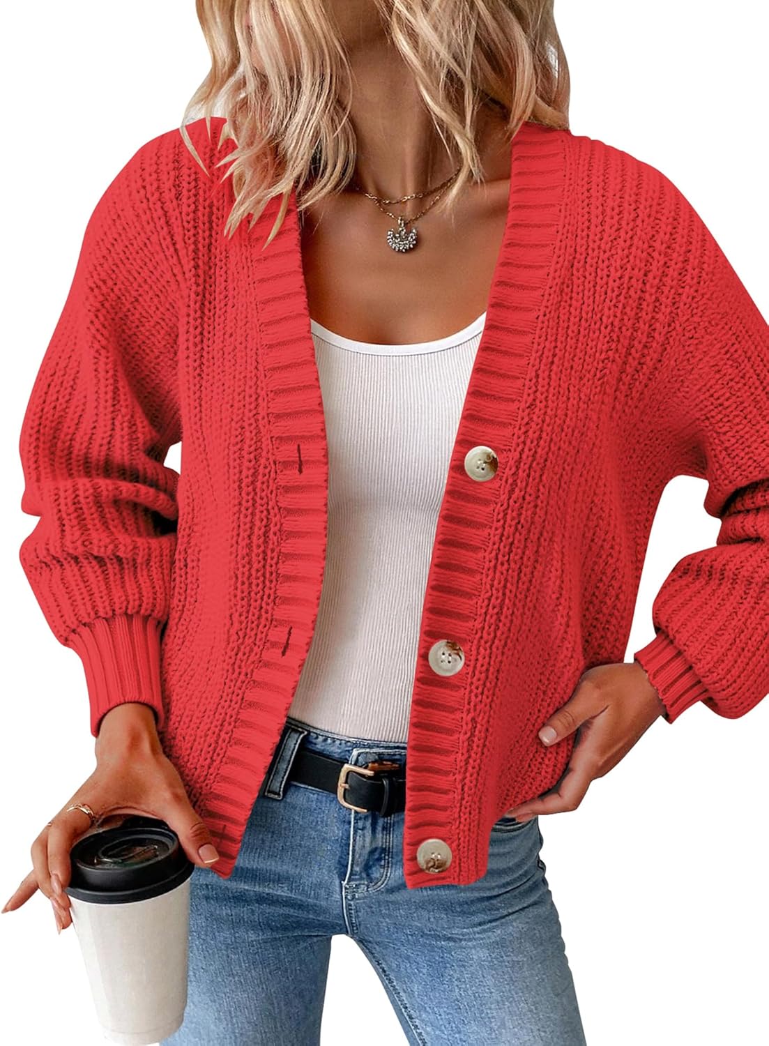 Women’s Chunky Knit Cardigan – Waffle Knit Button Down Oversized V Neck Fall Sweater for Casual Layering