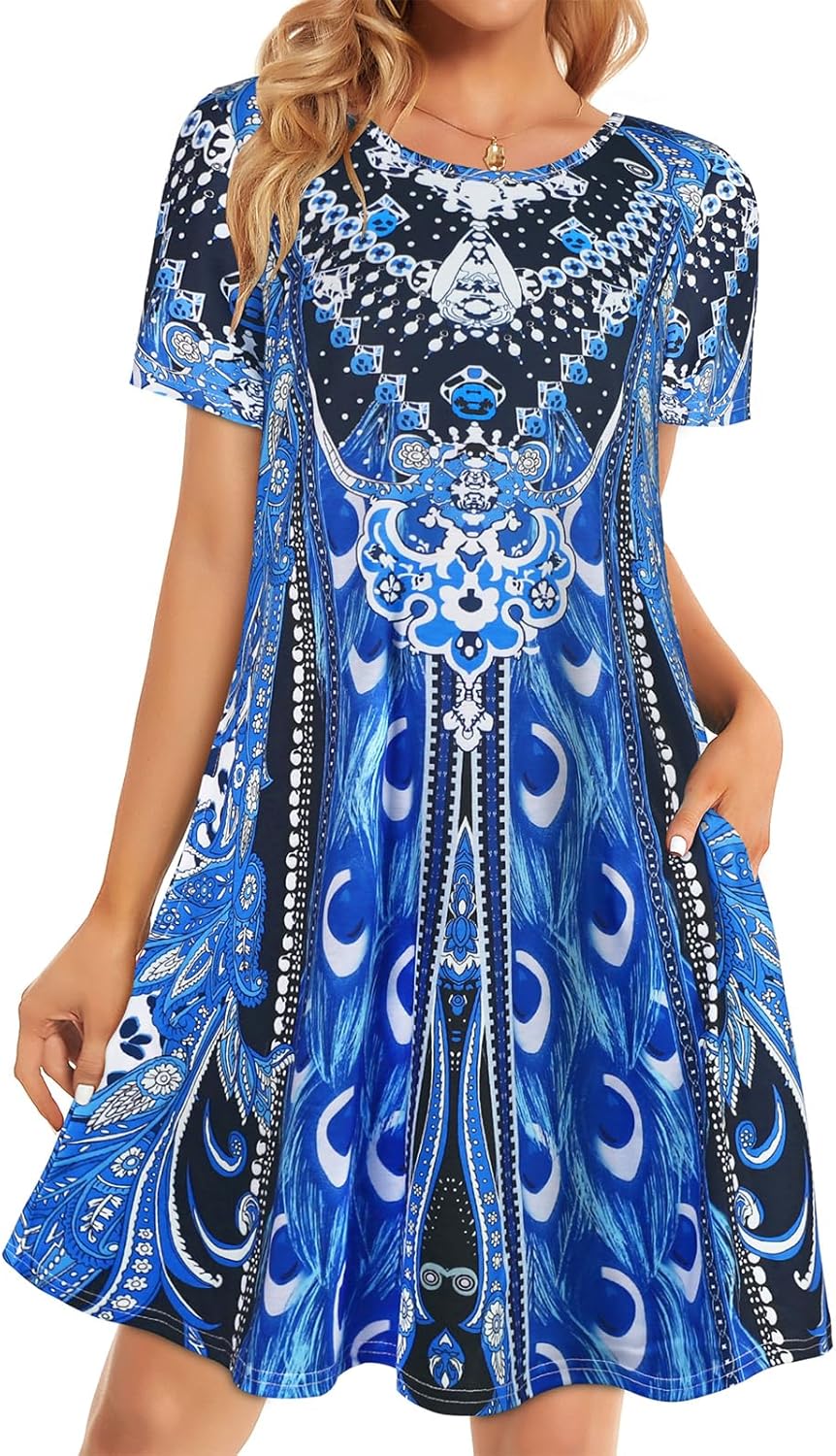 Womens Summer Dresses Beach Casual Loose Tshirt Floral Short Sleeve Flowy Pockets Sundresses