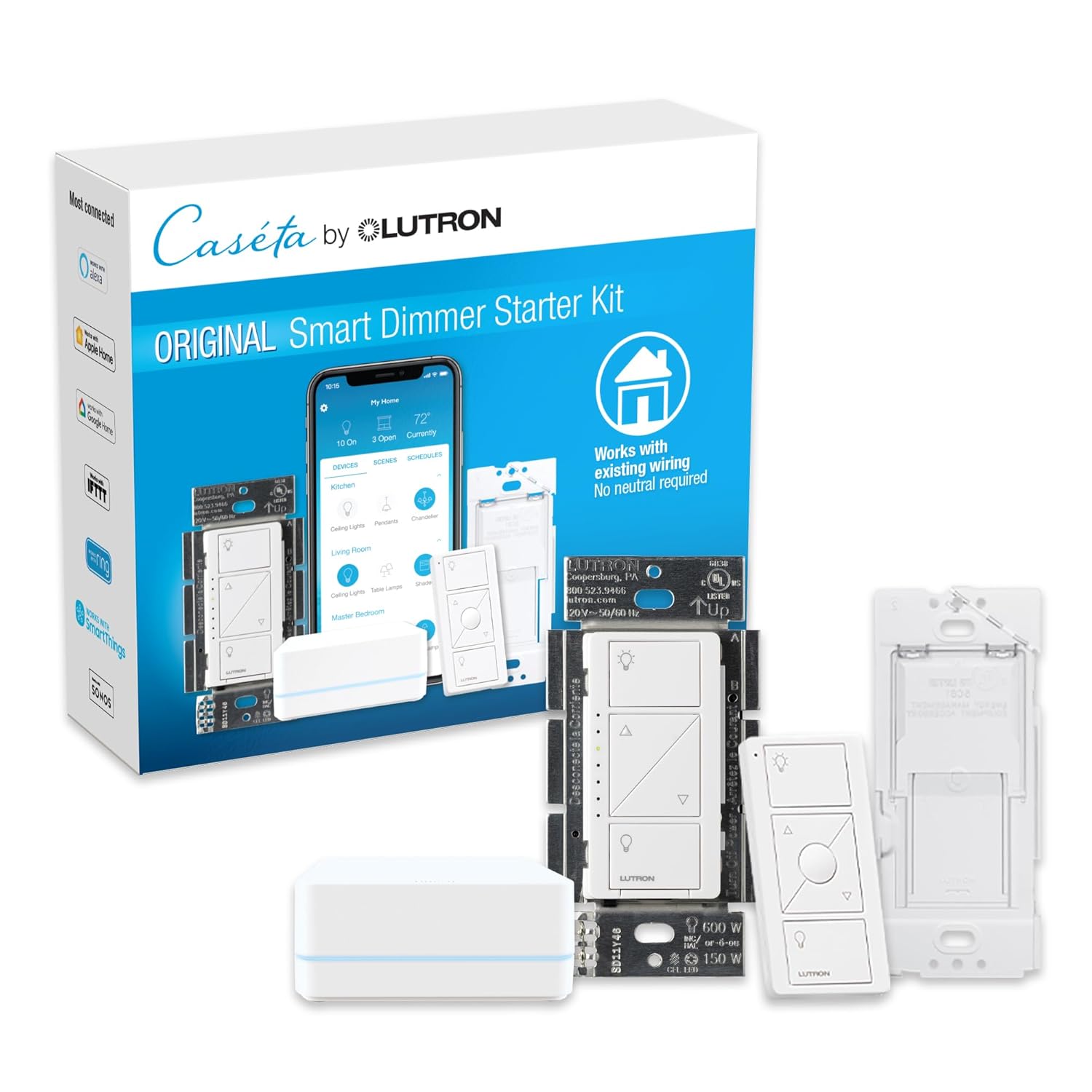 Lutron Caseta Original Smart Dimmer Switch Kit, 2 Dimmer Switches, 2 Wall Plates, 2 Pico Remotes, and Smart Hub, Works with Alexa, Apple Home, Google Home, 3 Way, 150W, No Neutral, P-BDG-PKG2W-A
