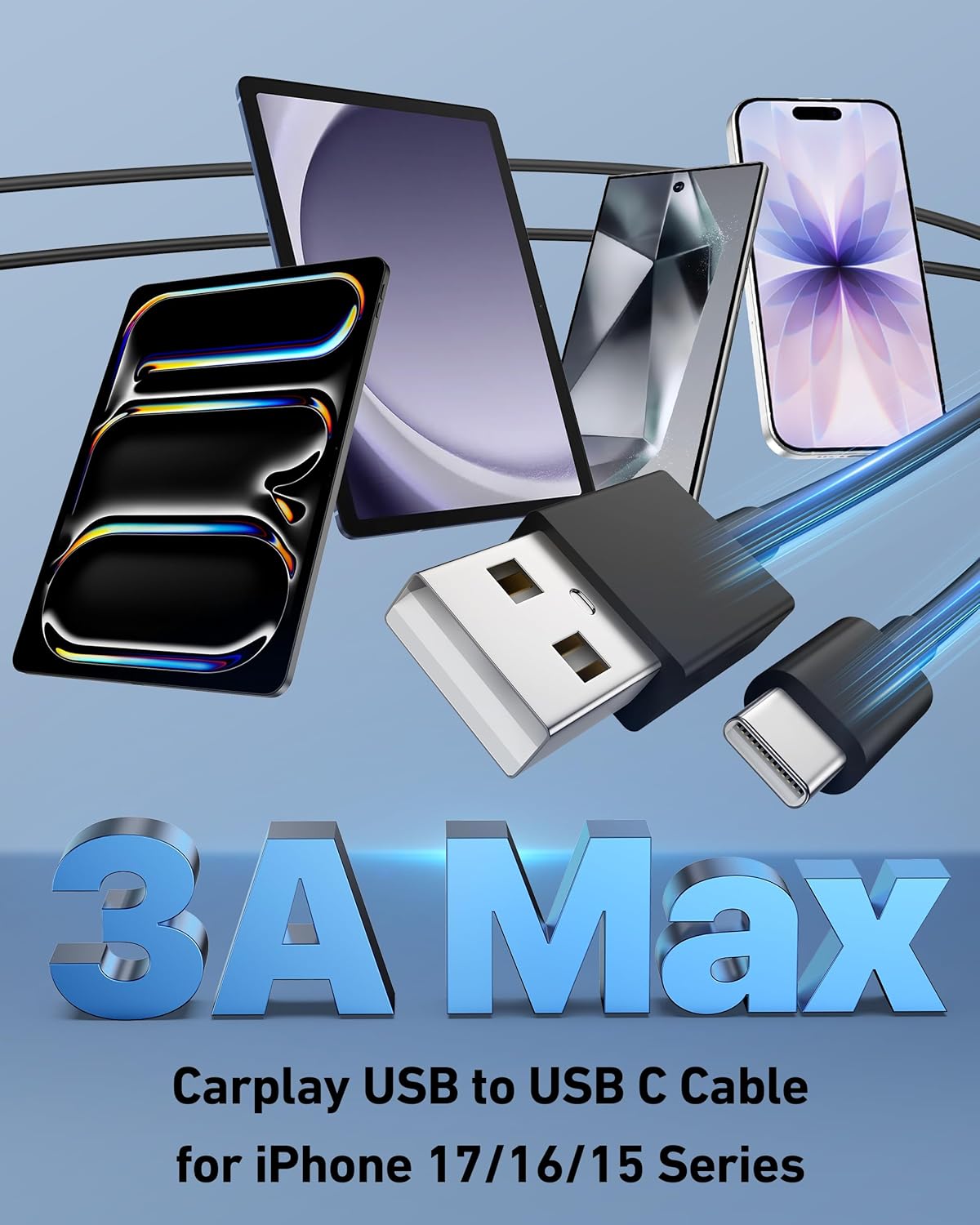 Car Carplay Cable for iPhone 17/17 Pro/Air/16e/16/15 Pro Max/Plus Cable, 2Pack USB A to USB C for CarPlay USBC Cord, iPad, Galaxy, Pixel, Android Accessories Charging Wire Type-C Car Charger Cord 3FT
