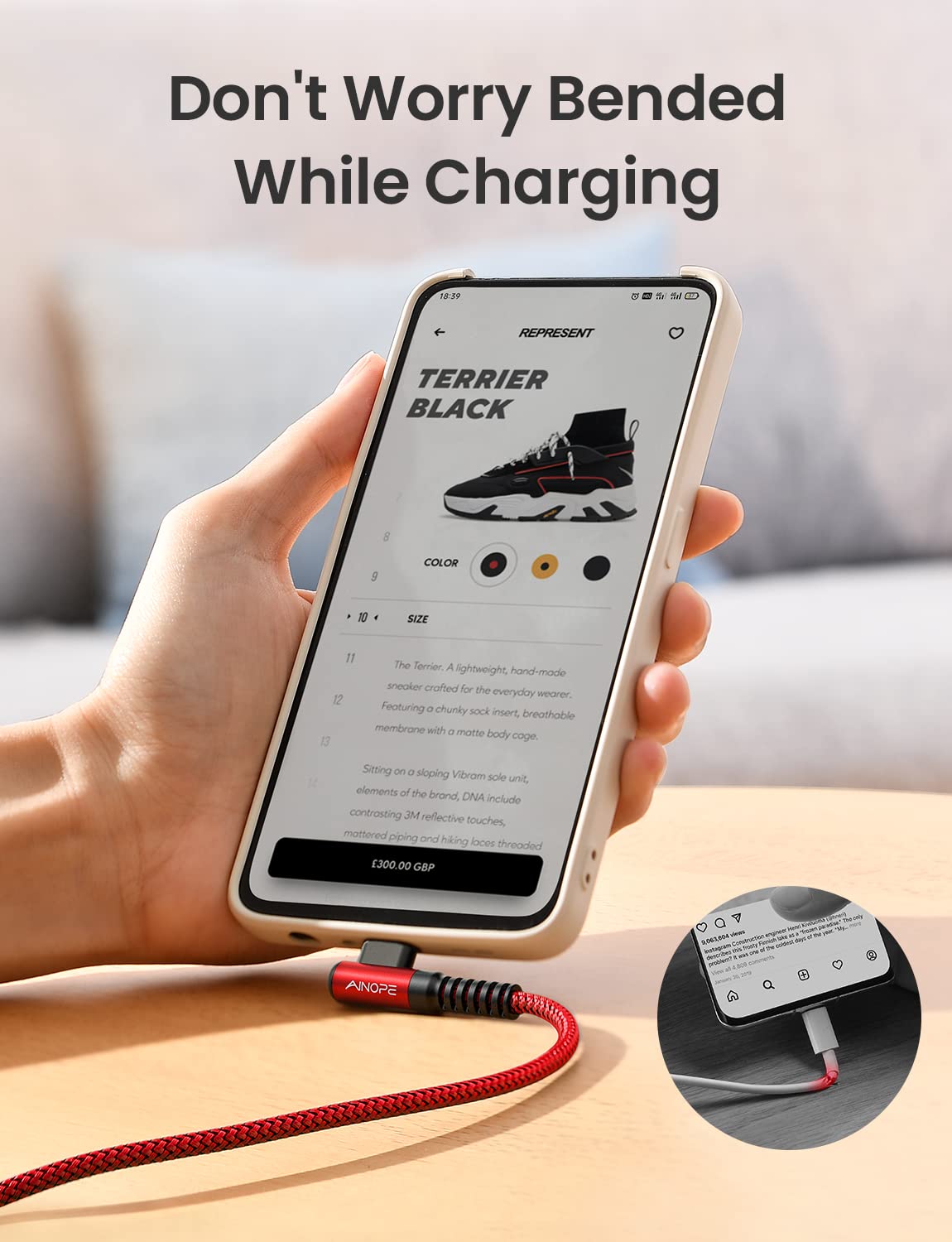 AINOPE USB C Cable [2-Pack, 6.6ft] 3.1A Type C Charger Fast Charging, Right Angle USB to USB C Cable for iPhone 17 Carplay Cable, Galaxy S10+ S10 S9, Note 10 9, LG V30, Moto, iPhone 16 15 Charger Cord