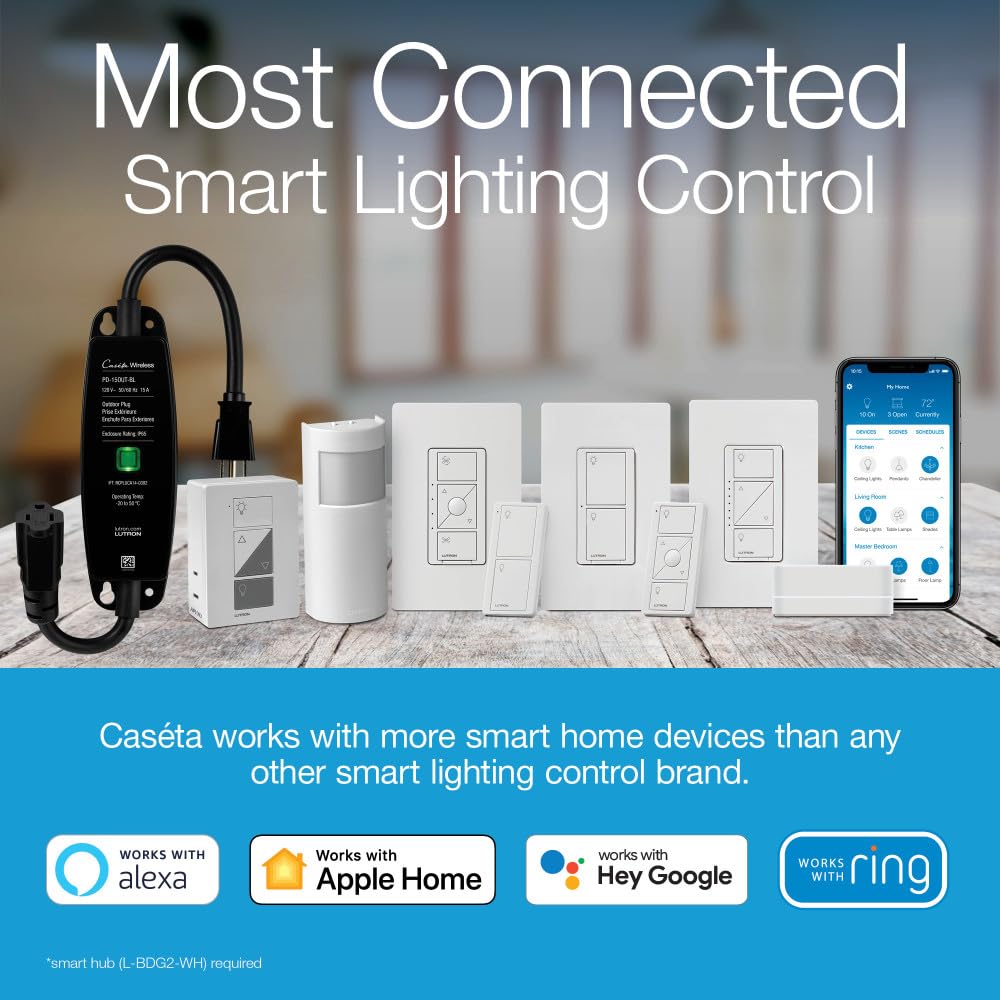 Lutron Caseta Smart Plug-In Lamp Dimmer Switch Kit with Pico Remote, Smart Dimmer for LED Lights, Table and Floor Lamps, 100W, Single-Pole/3-Way, P-PKG1P-WH