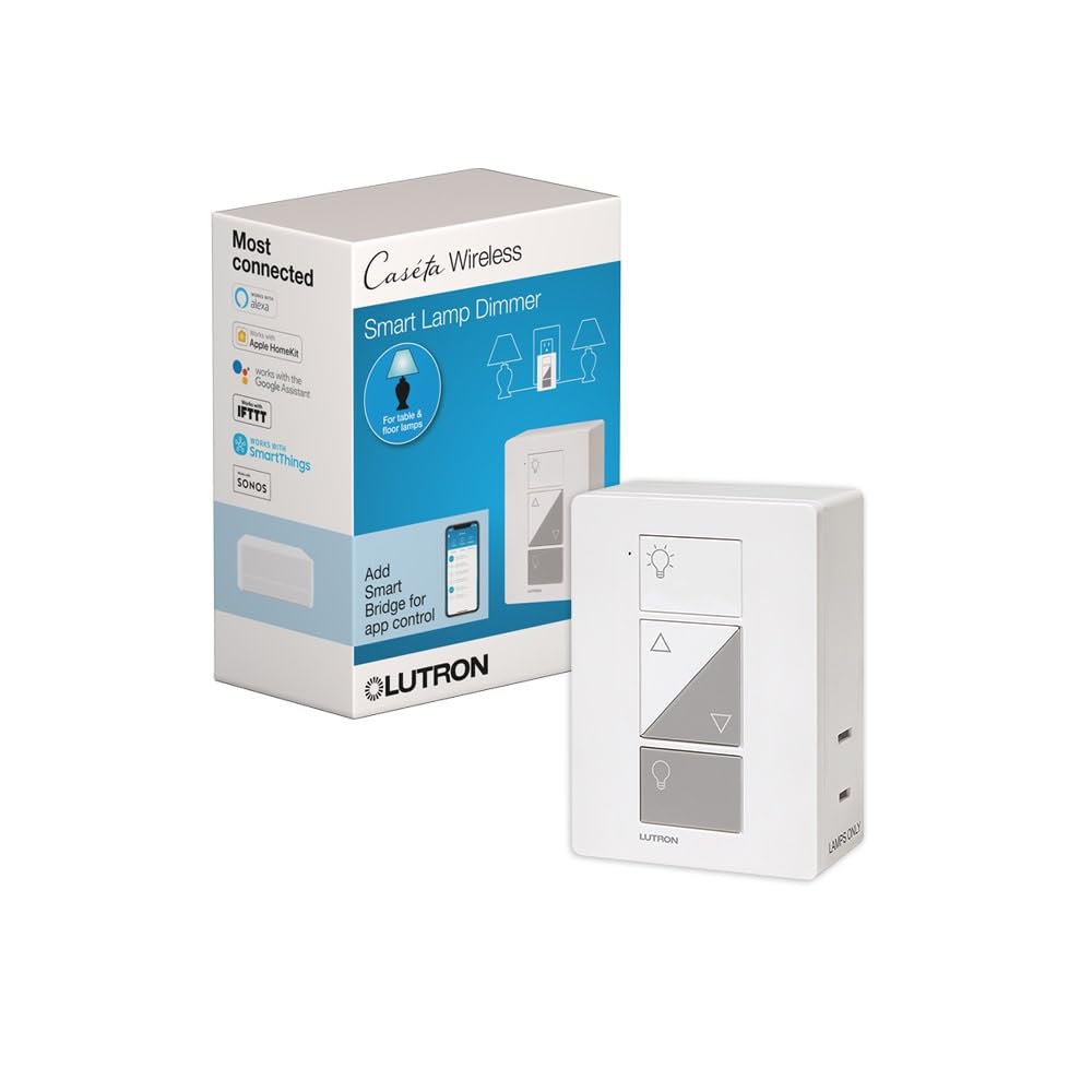 Lutron Caseta Smart Plug-In Lamp Dimmer Switch Kit with Pico Remote, Smart Dimmer for LED Lights, Table and Floor Lamps, 100W, Single-Pole/3-Way, P-PKG1P-WH