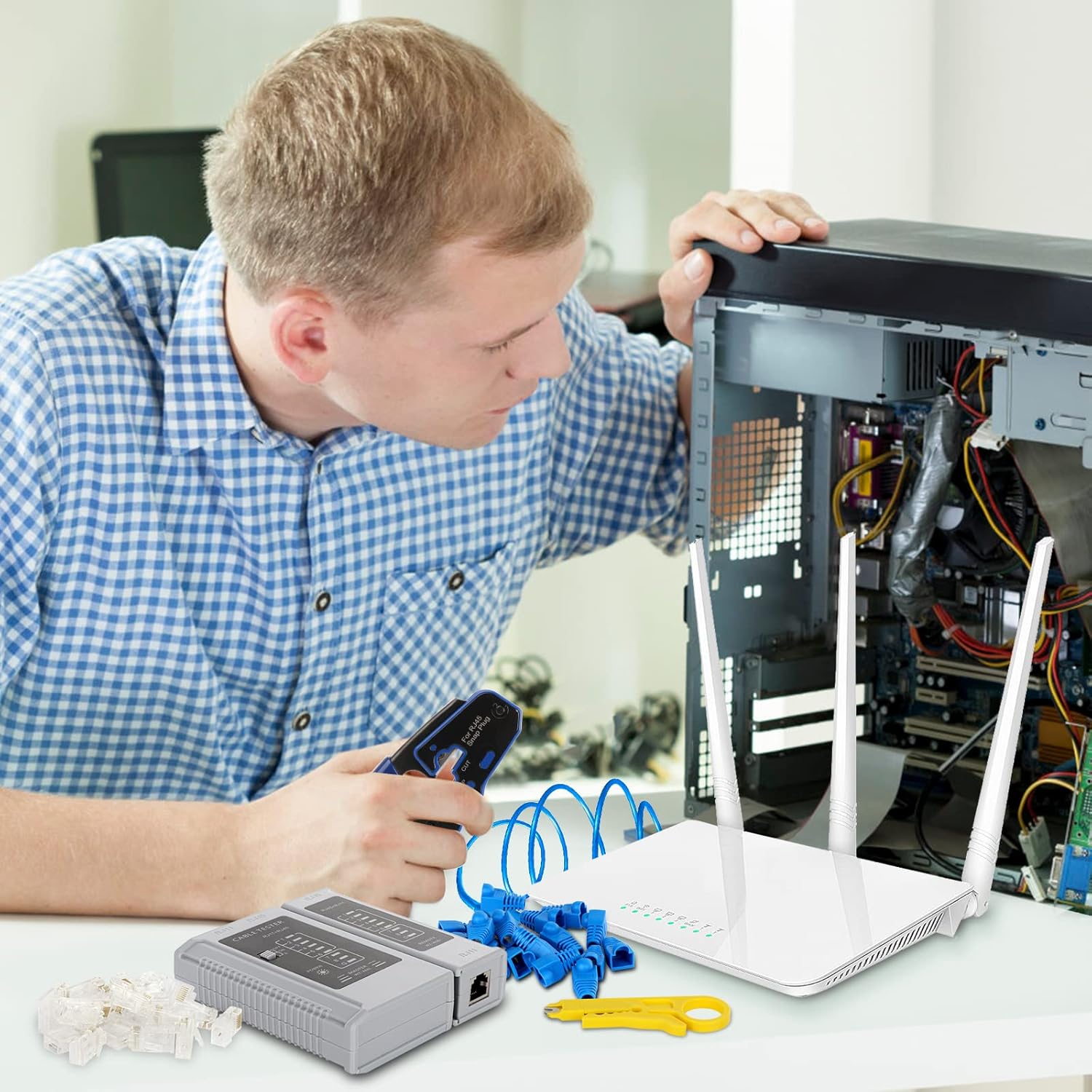 RJ45 Crimp Tool Kit Pass Thru Ethernet Crimper for Cat5e Cat6 Cat6a 8P8C Modular Connectors. All-in-One Cat6 Crimping Tool and Tester(9V Battery Not Included)