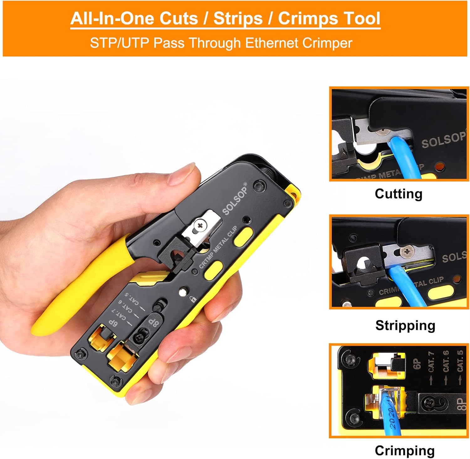 Solsop Pass Through RJ45 Crimp Tool Kit All-in-One Ethernet Crimper Cat7 Cat6 Cat5 Crimping Tool with Network Cable Tester. 50-Pack Cat6 RJ45 Pass Through Connector. 50-Pack Connector Boots
