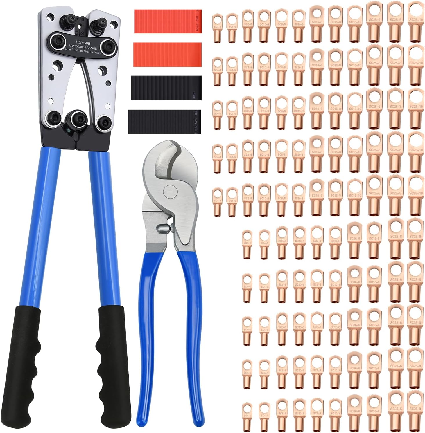 Cable Lug Crimping Tool with 170pcs Copper Wire Lugs. Wire Crimping Tool for AWG 10-1/0 Electrical Lug Crimper. with Cable Cutter. 210pcs Dual Wall Adhesive Heat Shrink Tubing