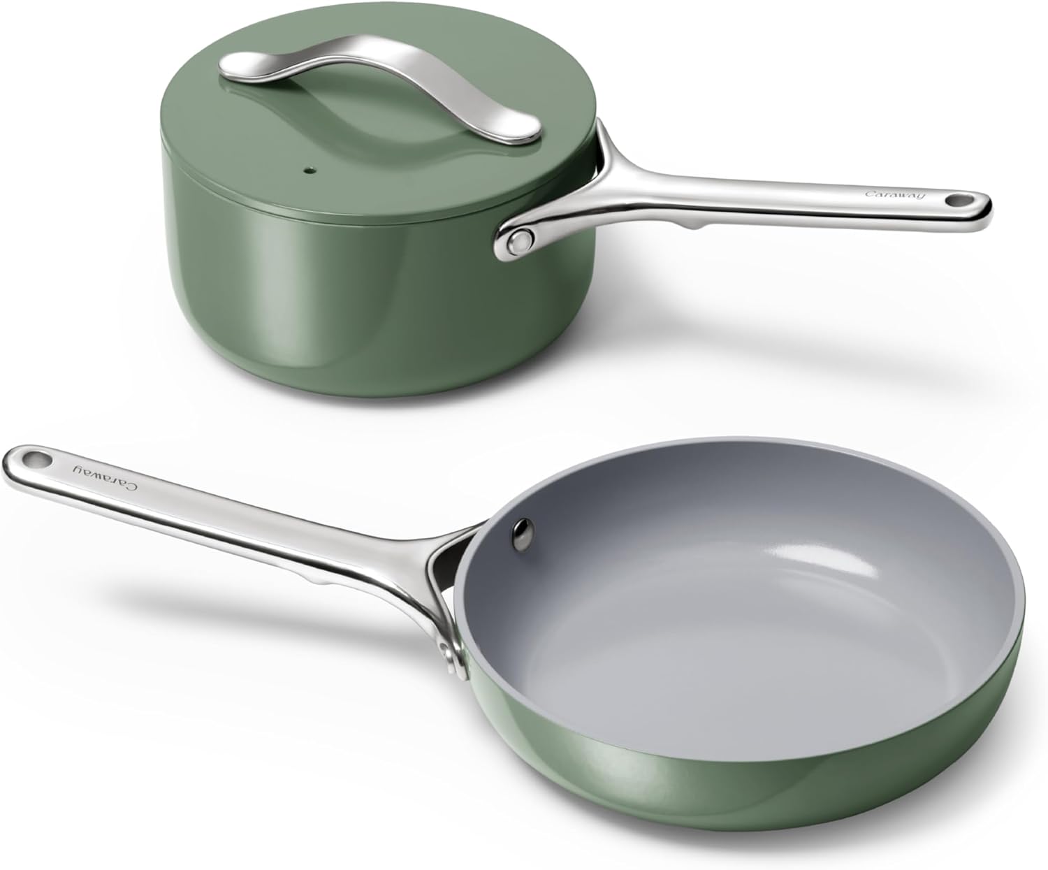Caraway Mini Cookware Set - Non-Stick Ceramic Fry Pan (1.05 qt. 8) Sauce Pan (1.75 qt) & Storage Rack - Non Toxic. PTFE & PFOA Free - Oven Safe & Stovetop Agnostic (Gas. Electric & Induction) - Sage
