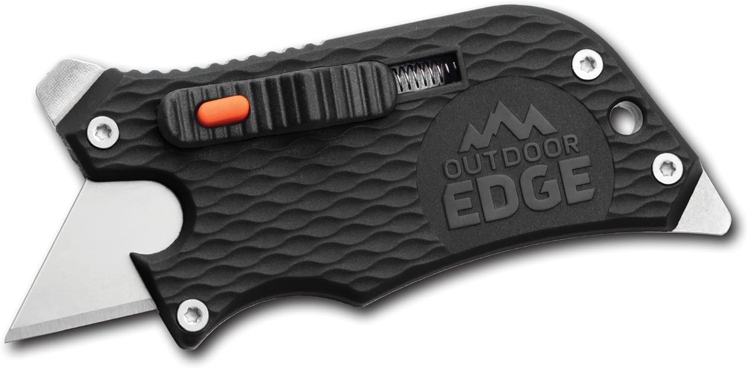 Outdoor Edge SlideWinder - Utility Knife Multitool with Standard Replaceable Razor Blade. Screwdrivers. Prybar. Bottle Opener and Pocket Clip with Locking Auto-Retracting Blade