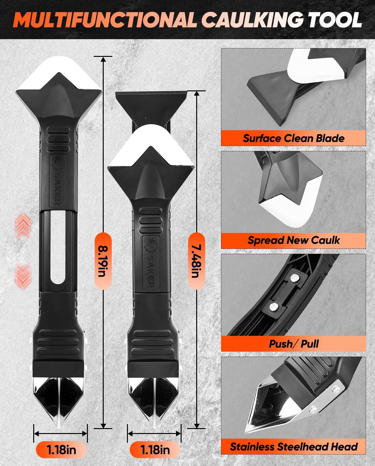 Saker Silicone Caulking Tools-3 in 1 Sealant Finishing Tool Grout Remove Scraper (Stainless Steelhead).Caulk Remover Glass Glue Angle Scraper for Bathroom.Kitchen.Floor.Window.Sink Joint.Frames Seal