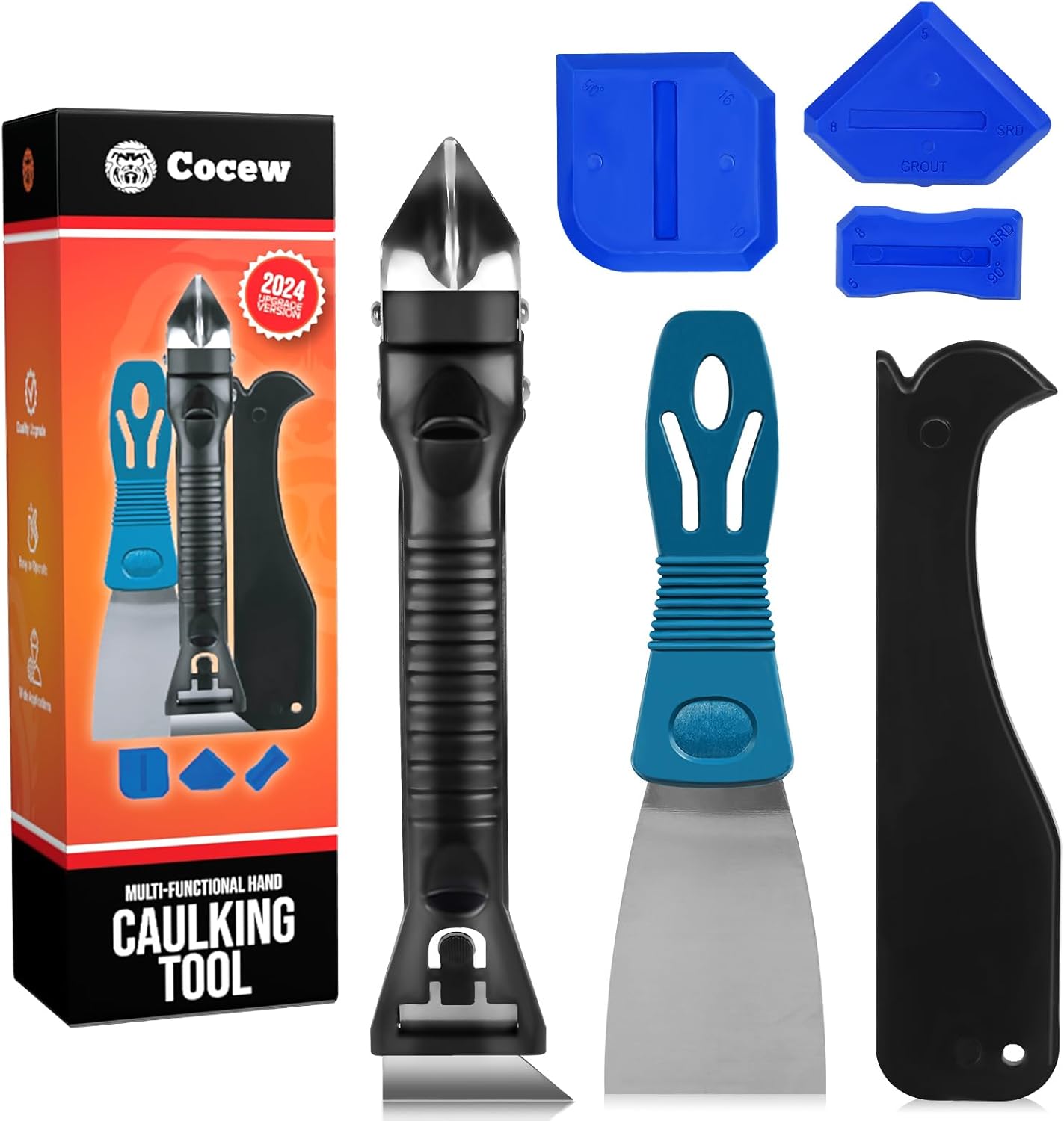 Silicone Caulking Tool Kit. Caulk Remover Tool. Putty Knife Scraper. 3 Glass Glue Corner Scrapers. Grout Removal Tool with Stainless Steel Head for Kitchen Bathroom and Window