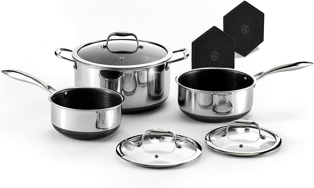 HexClad Hybrid Nonstick 12-Piece Cookware Set. 14 Pan with Lid. 14 Wok with Lid. 2. 3. and 8Qt Pots with Lids. and 2 Silicone Trivets. Stay-Cool Handles. Dishwasher and Oven-Safe. Induction Ready