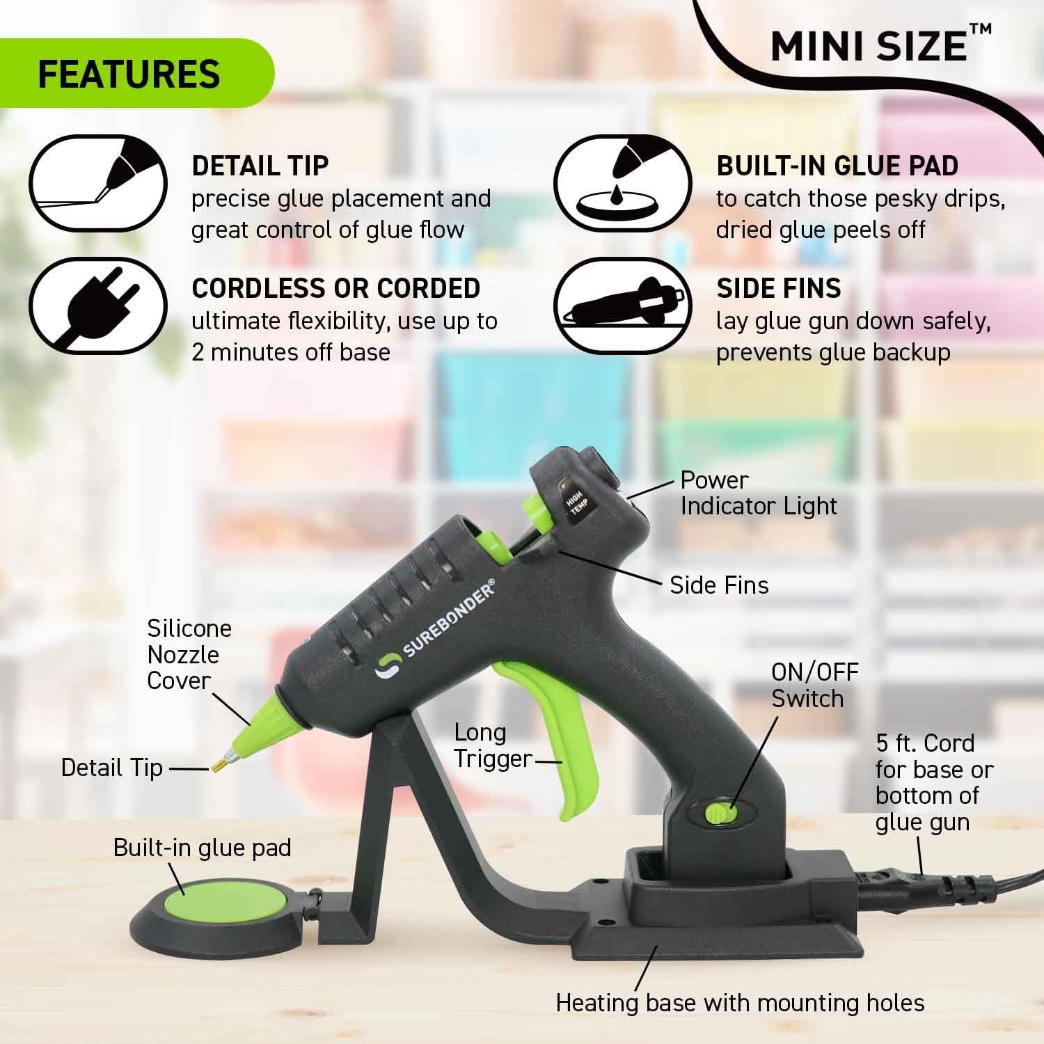 Surebonder Cordless/Corded High-Temperature Mini Hot Glue Gun with Fine Tip for Detailed Crafting and DIY Projects. 20 Watts (CL-195F)