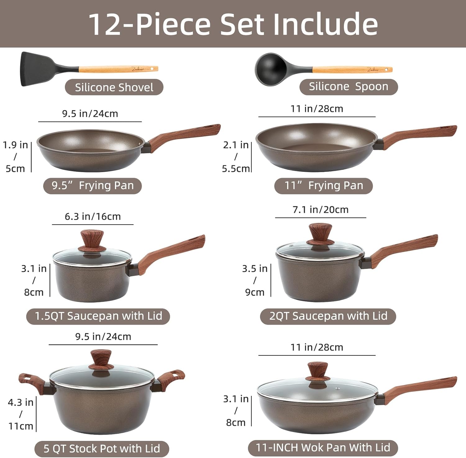 12Pcs Pots and Pans Set. Nonstick Cookware Sets. Non Stick Pots and Pan Set with Frying Pans. Saucepans. Steamer Silicone Shovel Spoon