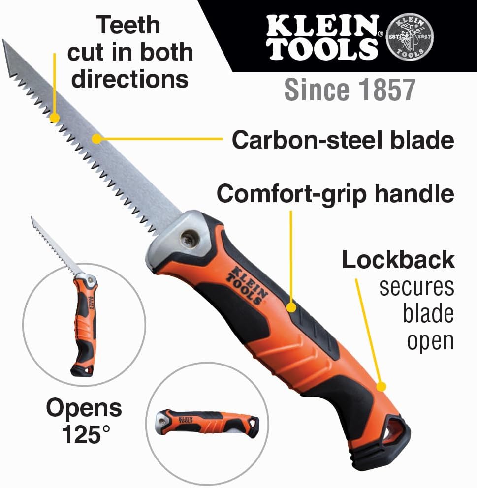 Klein Tools 31737 Folding Jab Saw / Drywall Hand Saw with Lockback at 180 and 125 Degrees and Tether Hole