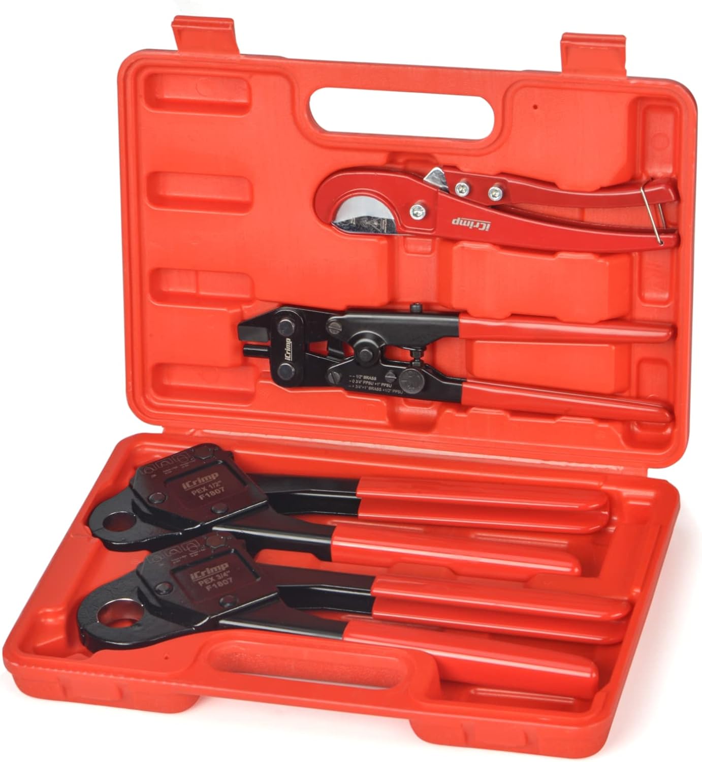 iCrimp IWS-1807CN PEX Crimping Tool Kit with PEX Crimpers. PEX Tubing Cutter. Copper Ring Removal Tool for 1/2'' & 3/4'' Copper Crimp Rings. Meets ASTM F1807 Standard