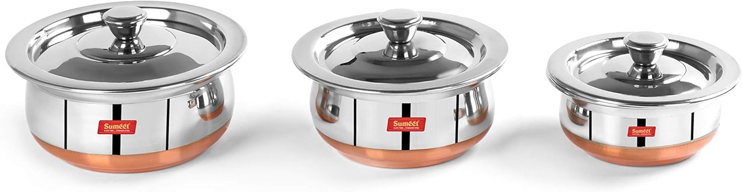 Sumeet Stainless Steel Copper Bottom 3 Pc Handi/Cookware/Serveware Pot Set with Lid 360ML. 500ML. 800ML. (Silver)