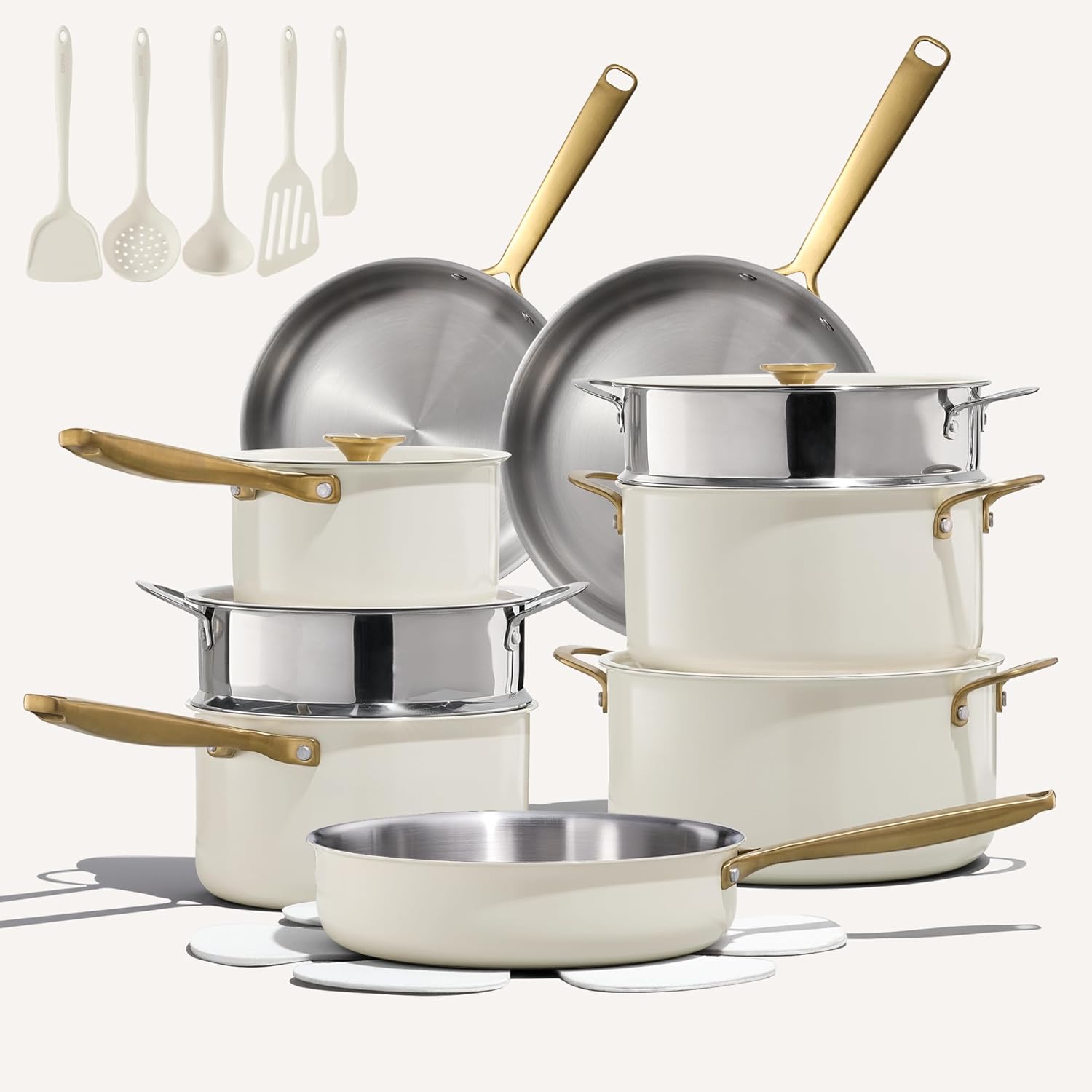 CAROTE 24pcs Tri-Ply Stainless Steel Cookware Set. Pots and Pans Set. Non Stick Induction Kitchen Cooking Sets. Nonstick Cookware Collection. Outer Ceramic Layer. Cream White