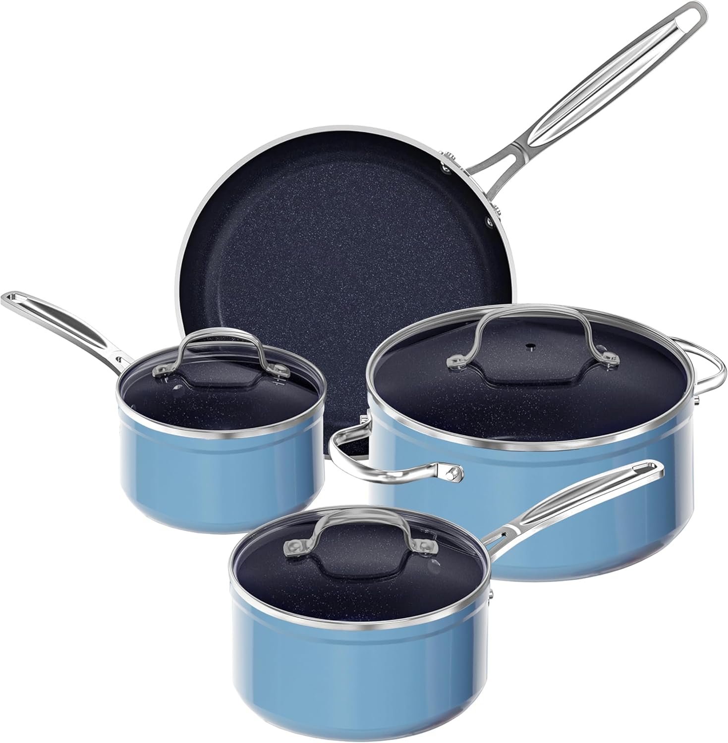 Nuwave 7pc Cookware Set Healthy Duralon Blue Ceramic Nonstick Coated. Diamond Infused Scratch-Resistant. PFAS Free. Oven Safe. Induction Ready & Evenly Heats. Tempered Glass Lids & Stay-Cool Handle