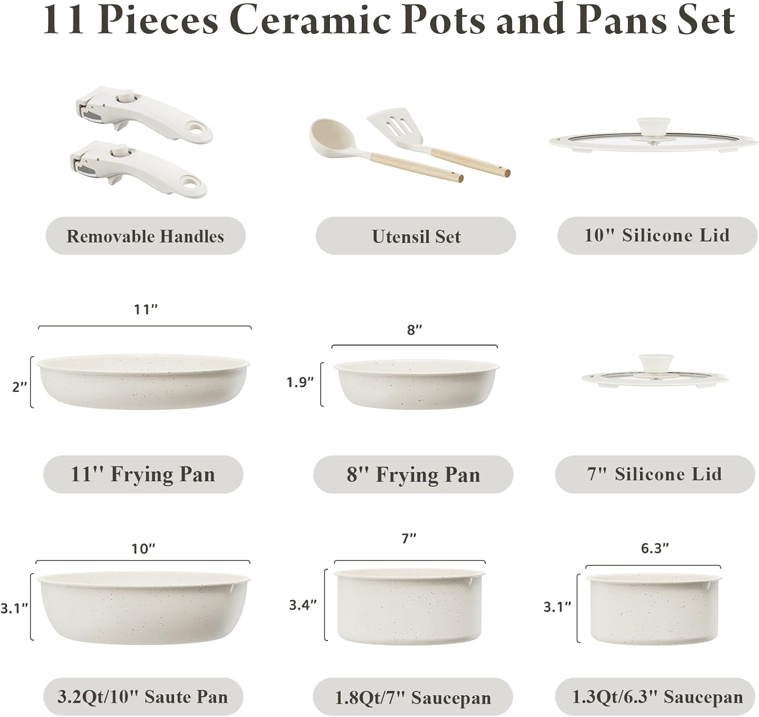 11 Pcs Pots and Pans Set Non Stick with Removable Handles.Ceramic Cookware Set Non Toxic.Induction Kitchen Cooking Sets.Nonstick RV Cookware.Dishwasher/Oven Safe.PFAS/PTFE/PFOA Free.Cream White