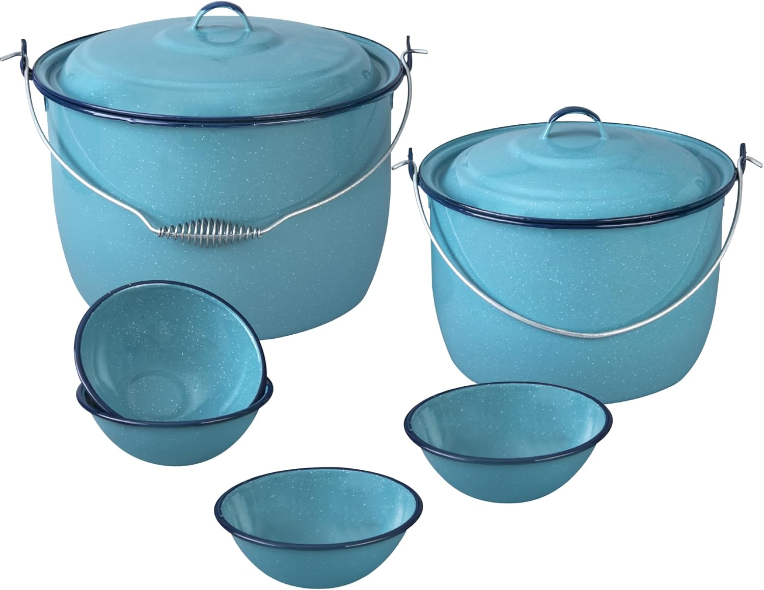 Cinsa 8-Piece Enameled Steel Stock Pots (14 & 8 QT) with Lids. Turquoise Blue Cookware Set