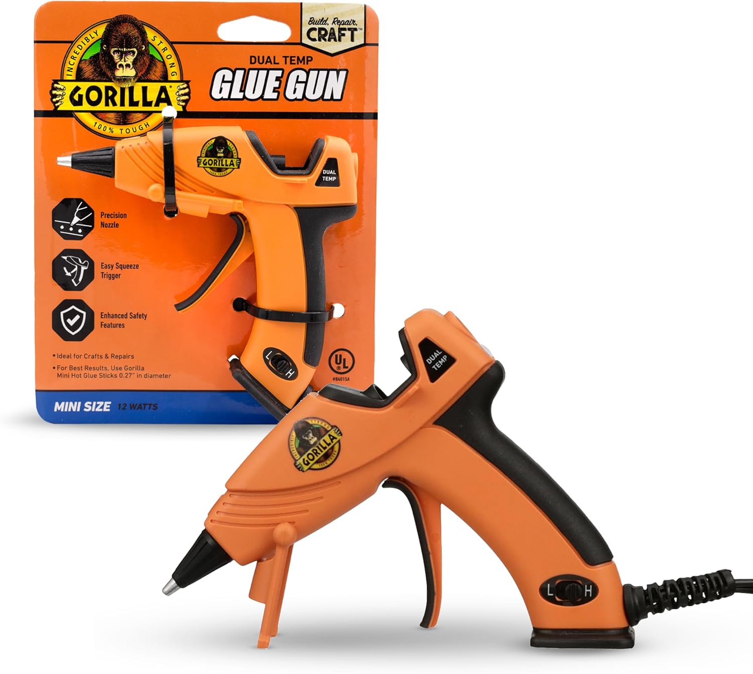 Gorilla Hot Glue Gun (Pack of 1) - Dual Temp Mini Size Hot Glue Gun with Precision Nozzle. Easy Squeeze Trigger. and Enhanced Safety Features for DIY. Craft. Repairs. and More