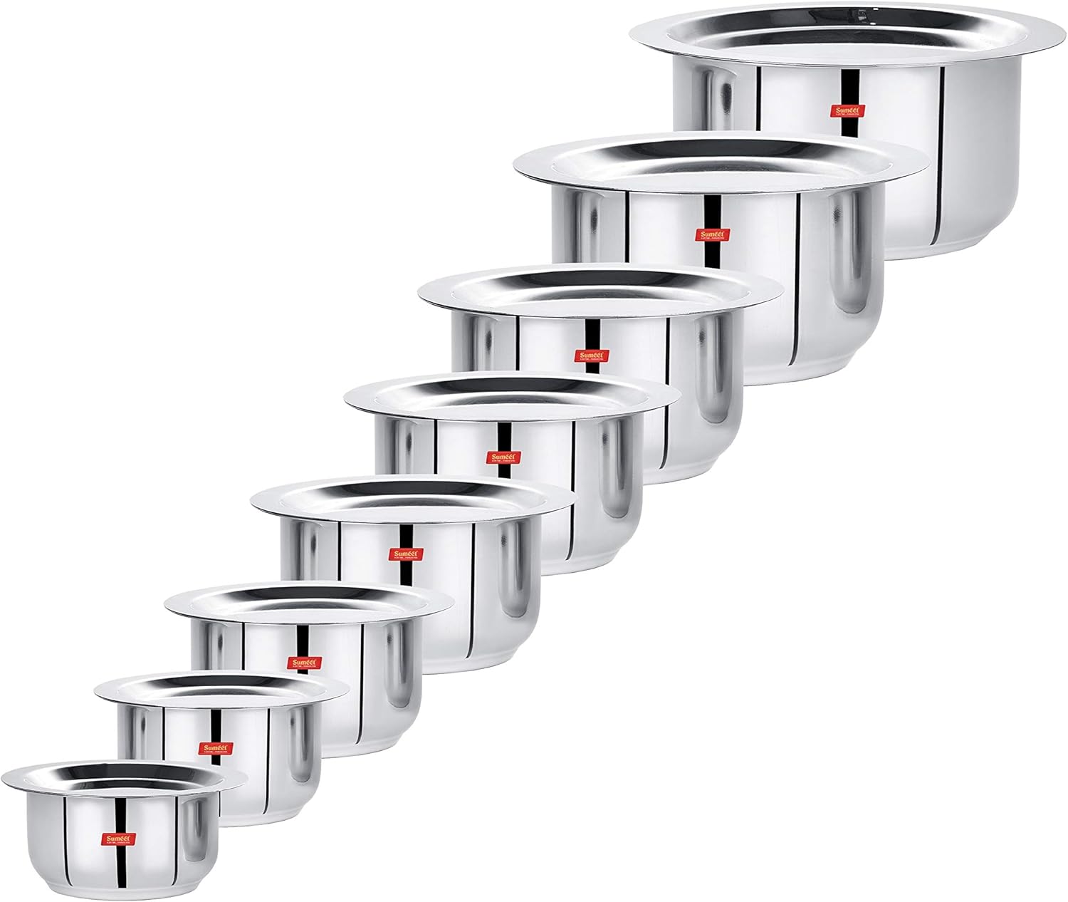 Sumeet Stainless Steel Mini to Big Size Flat Bottom Induction & Gas Stove Friendly Tope/Patila/Cookware Set of 8Pcs with Lids (370ML. 550ML. 800ML. 1100ML.1400ML. 1800ML. 2300ML. 3000ML)