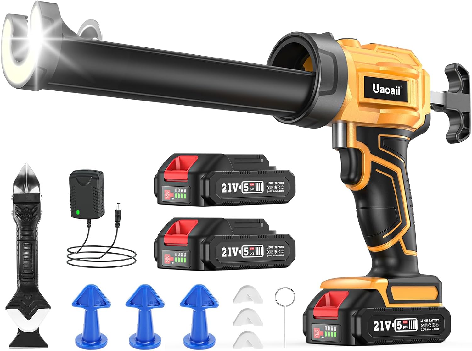 Electric Caulking Gun. Cordless Caulking Gun with 2x 2000mAh Batteries. 9Pcs Silicone Caulking Tools. 4 Adjustable Speeds. LED Light. 10OZ Battery Silicone Gun for Filling. Sealing (Yellow)