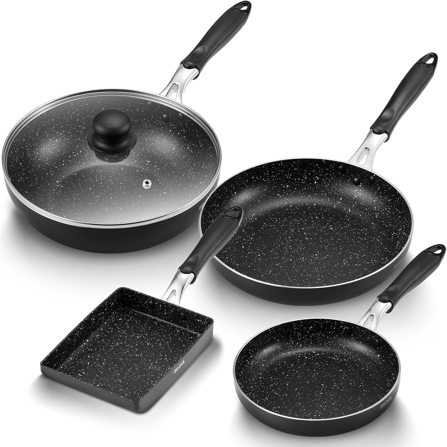 Induction Pots and Pans 5 Piece. Stay-Cool Handle Nonstick Pots and Pans Set. Dishwasher Safe Kitchen Cooking Pan. Non Stick Pans for induction Cooktop. Suitable for All Stovetops. Black