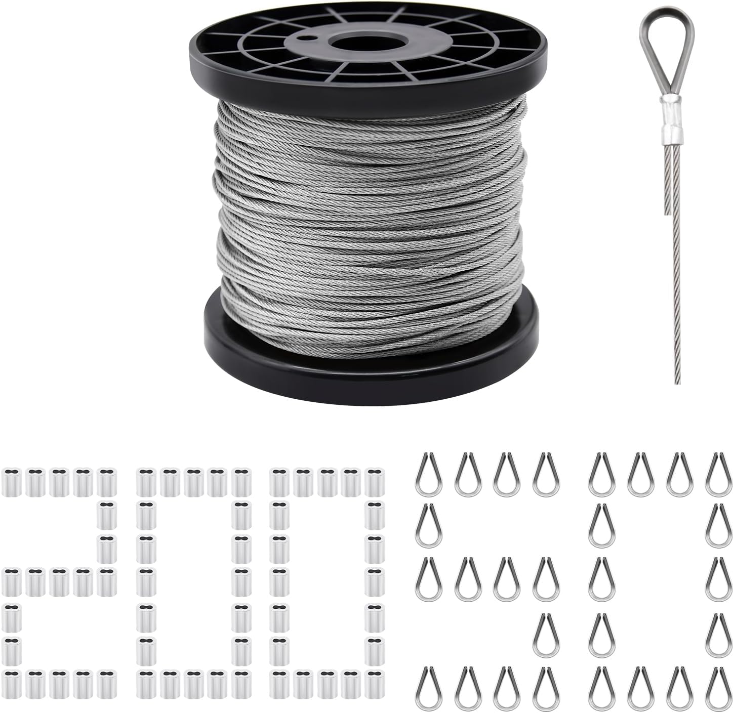 328ft Wire Rope Crimping Tool Kit. Stainless Steel Wire Rope Cable with Aluminum Crimping Sleeves and Stainless Steel Thimbles for Railing. Decking. Picture Hanging (328ft)