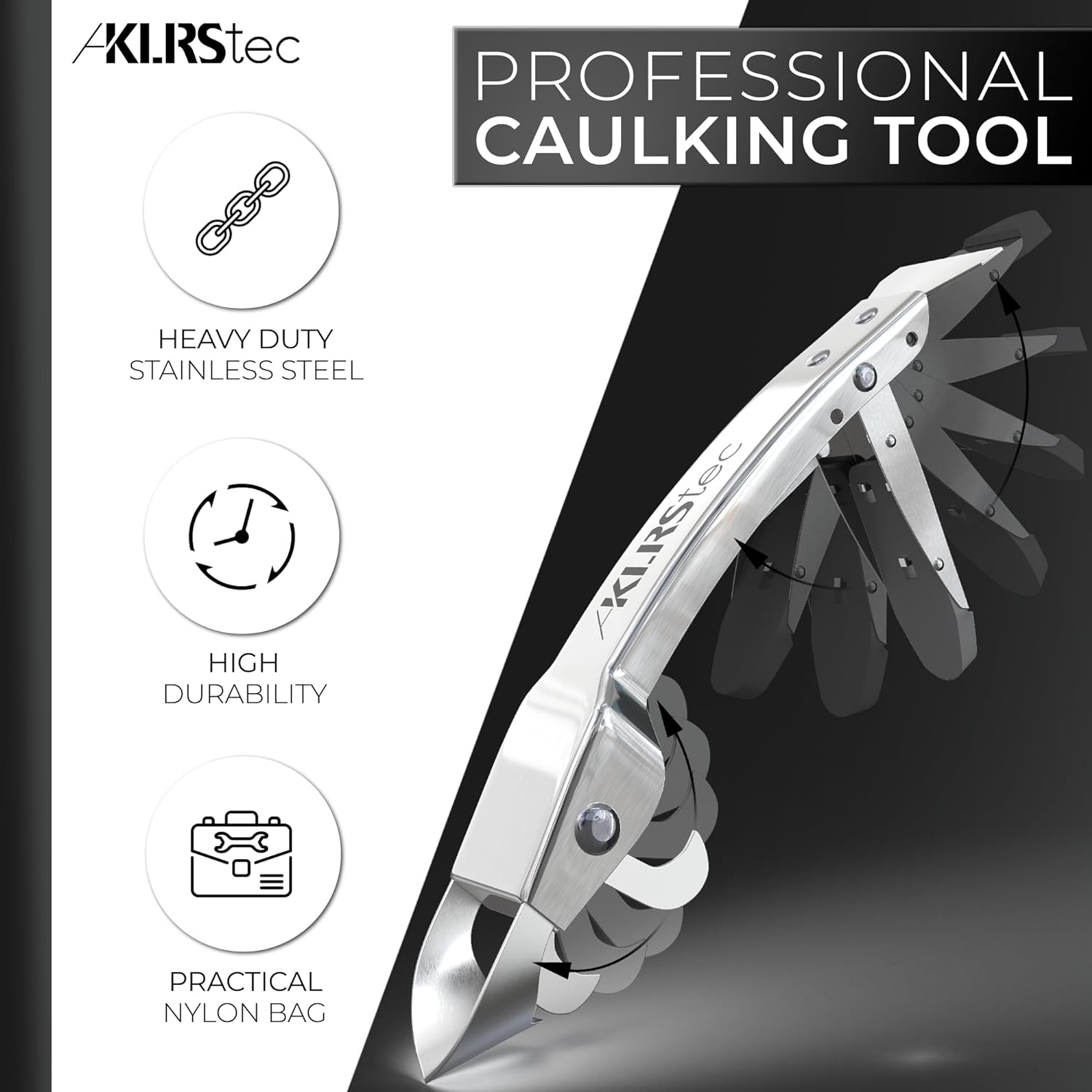 KLRStec Professional Caulking Tool [100% Stainless Steel] 4 in 1 Caulk Remover Tool Kit - Grout Remover and Finishing Tool – Professional Multitool for perfect Silicone Joints DIY Sealer and Scraper