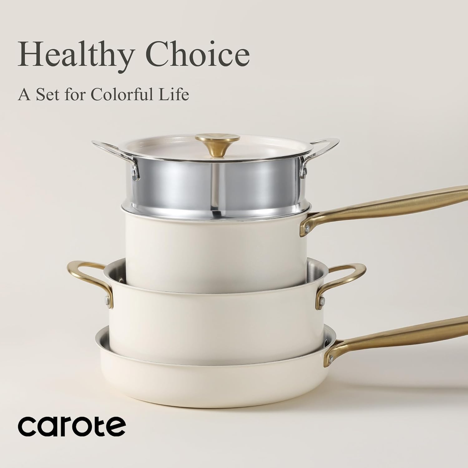 CAROTE 24pcs Tri-Ply Stainless Steel Cookware Set. Pots and Pans Set. Non Stick Induction Kitchen Cooking Sets. Nonstick Cookware Collection. Outer Ceramic Layer. Cream White