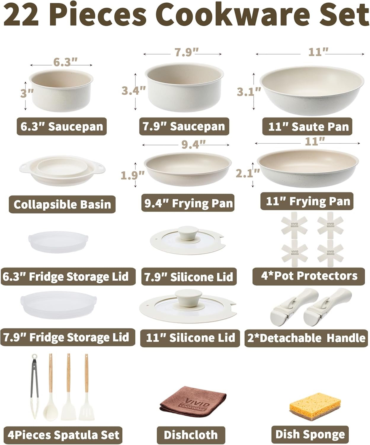 22Pcs Pots and Pans Set. Nonstick Cookware Sets. Cream White Induction Cookware Non Stick Ceramic Cooking Set with Frying Pans & Saucepans (PFOS. PFOA Free)