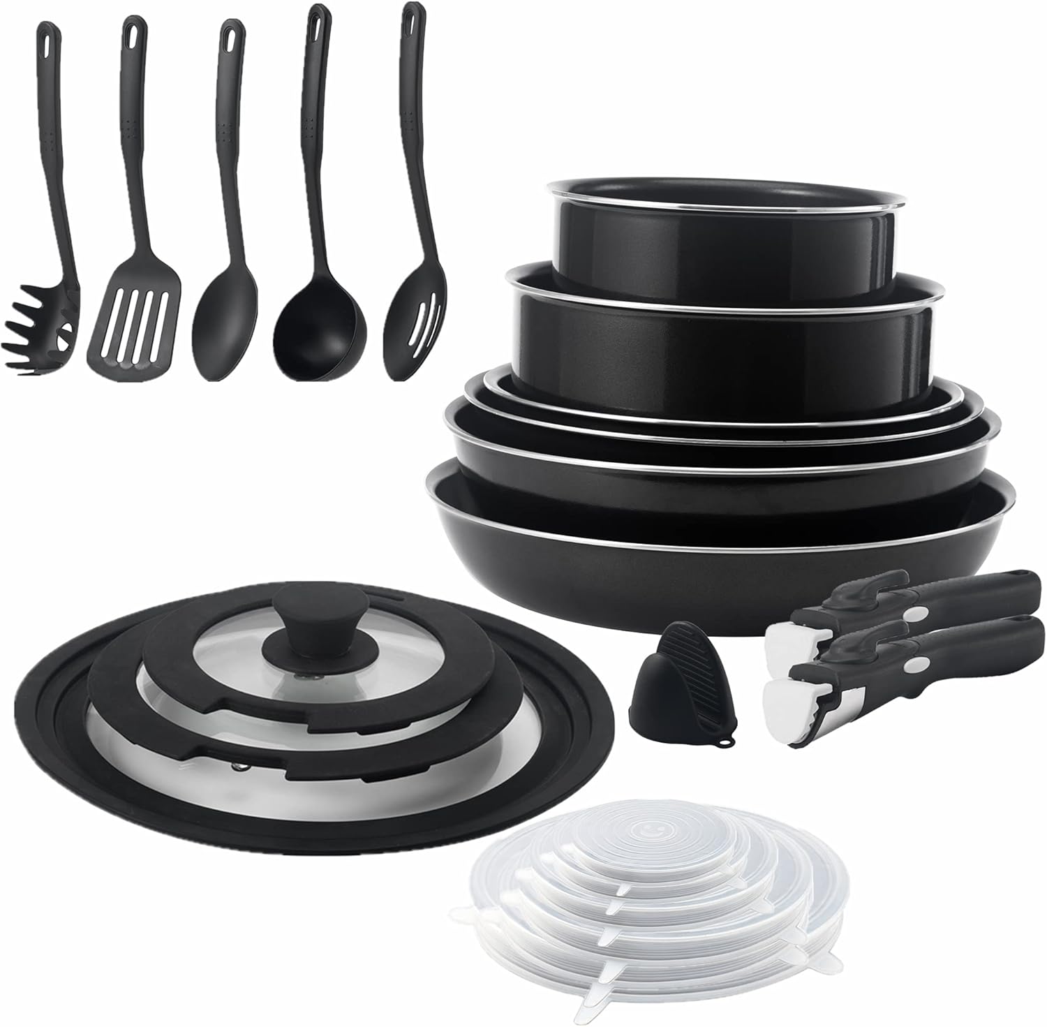 23 Pieces Non-Stick Cookware Set.Stackable Pans and Pots Set with Removable Handles. Space Efficient for RVs and Camping.Oven.Induction.Gas.Electric & Stovetops.Dishwasher Safe