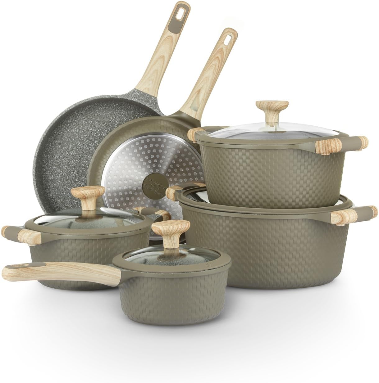 Bambù 10Pcs Cookware set. Die-cast Aluminum pots and pans. Nonstick frying pans and casseroles. Induction safe. PFOA-free (Green. 10 pcs)