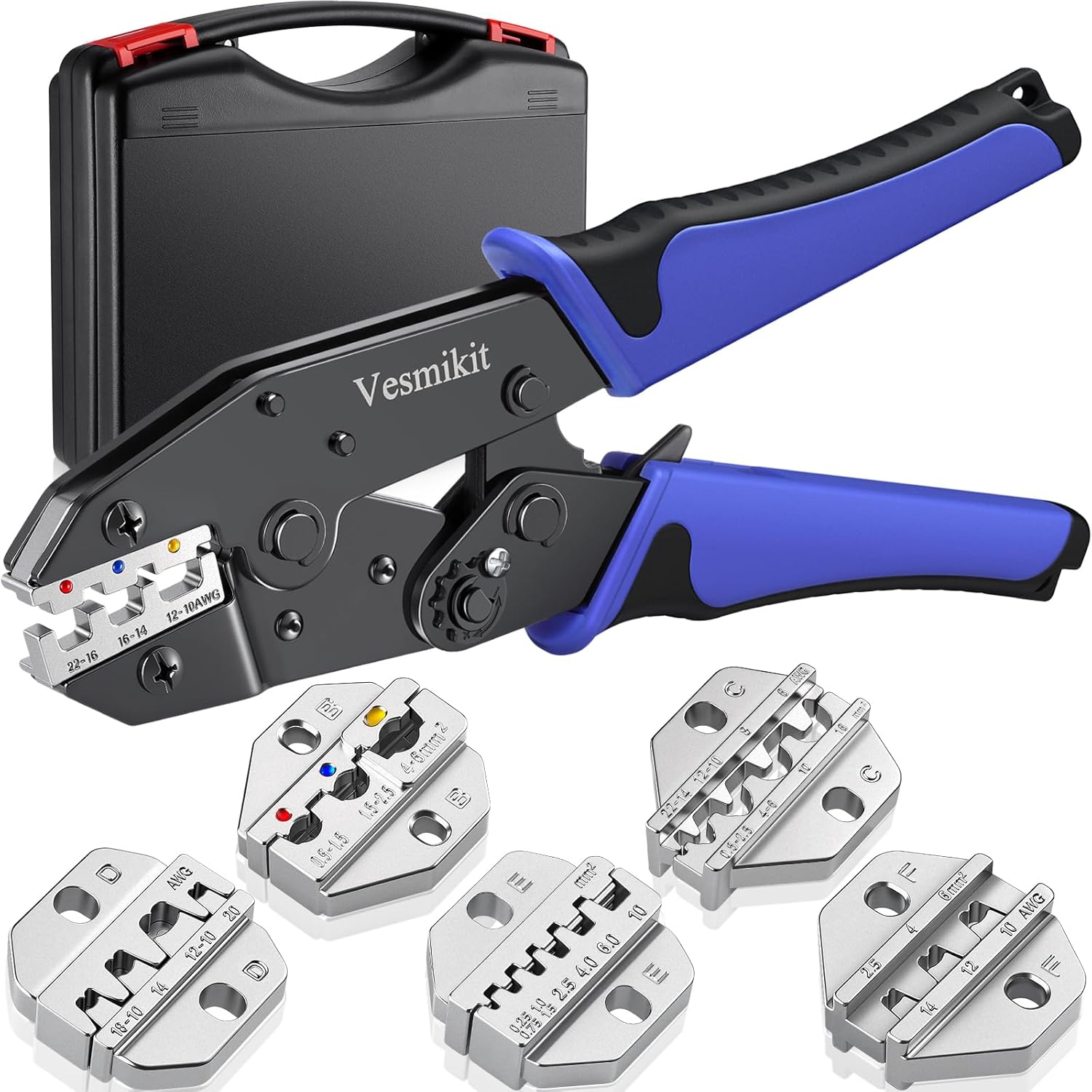 Crimping Tool Set 6PCS - Ratchet Wire Crimping Tool for Heat Shrink.Insulated Nylon.Non-Insulated.wire ferrules.Open Barrel Terminals.Solar Connectors - Crimper with 6 Interchangeable Die
